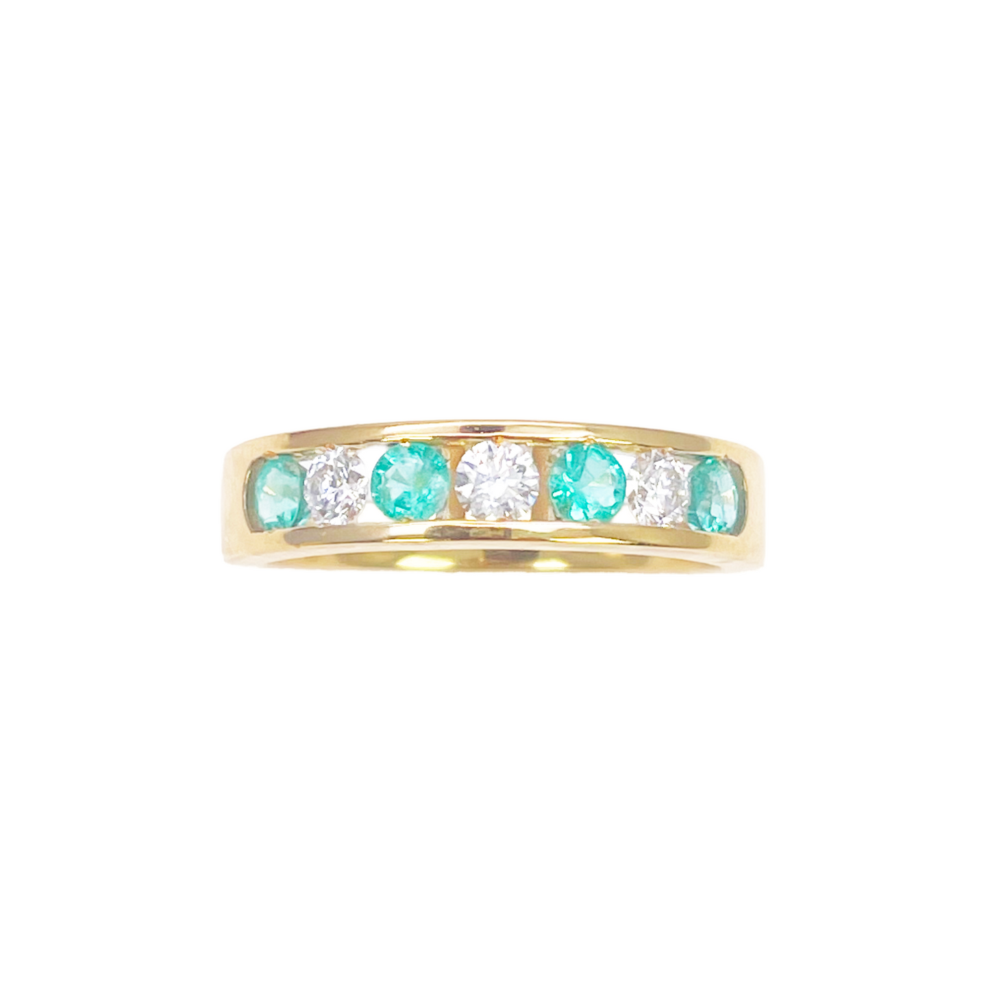 18ct Yellow Gold Diamond & Emerald 7 Stone Half Eternity Channel Set Ring 0.70ct