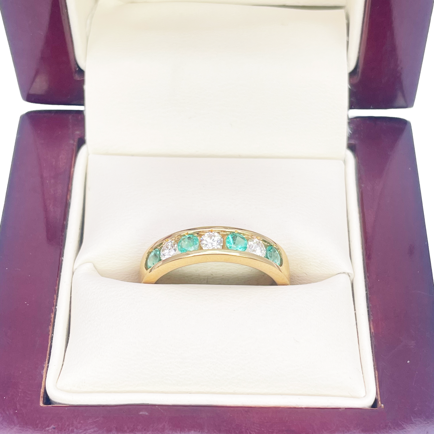 18ct Yellow Gold Diamond & Emerald 7 Stone Half Eternity Channel Set Ring 0.70ct