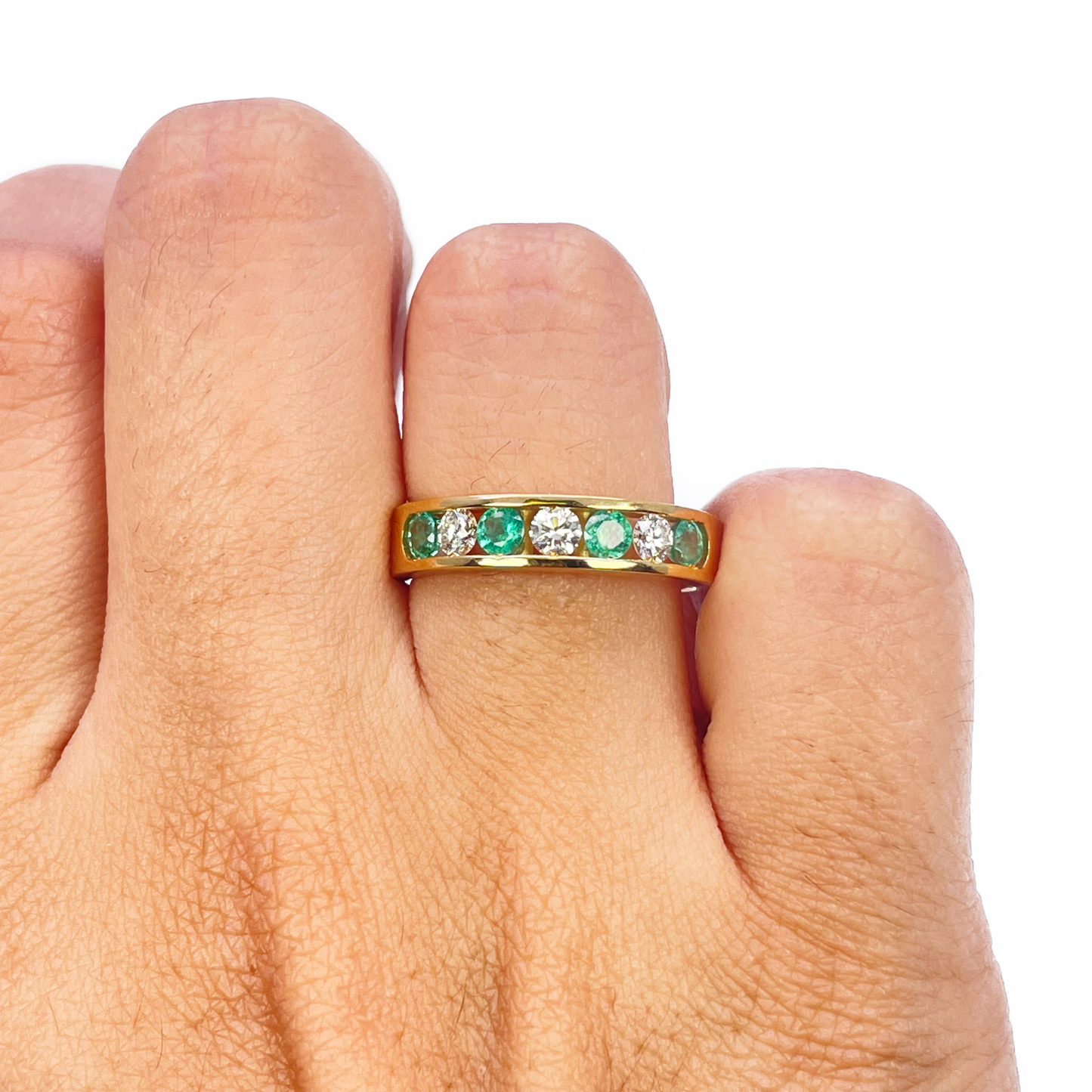 18ct Yellow Gold Diamond & Emerald 7 Stone Half Eternity Channel Set Ring 0.70ct