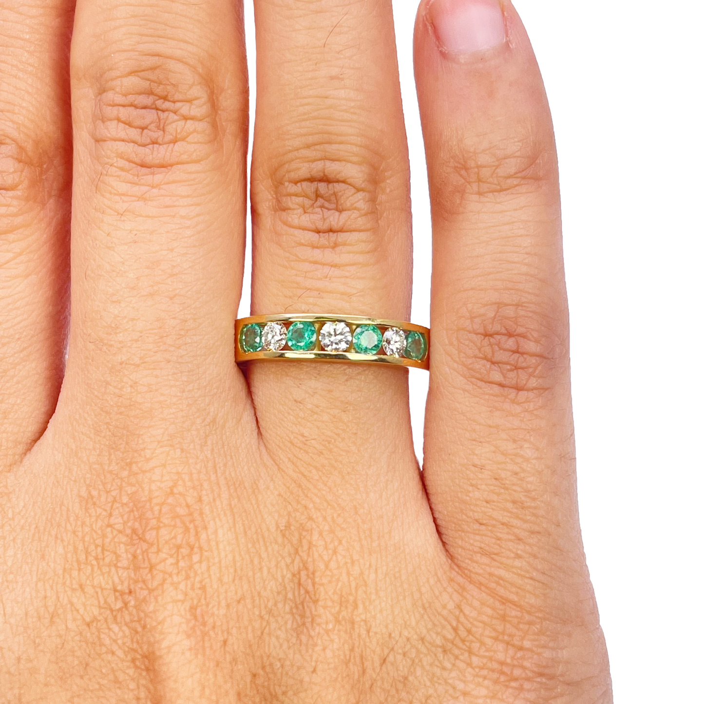 18ct Yellow Gold Diamond & Emerald 7 Stone Half Eternity Channel Set Ring 0.70ct