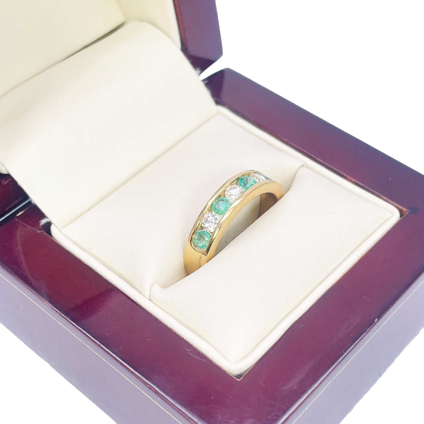 18ct Yellow Gold Diamond & Emerald 7 Stone Half Eternity Channel Set Ring 0.70ct