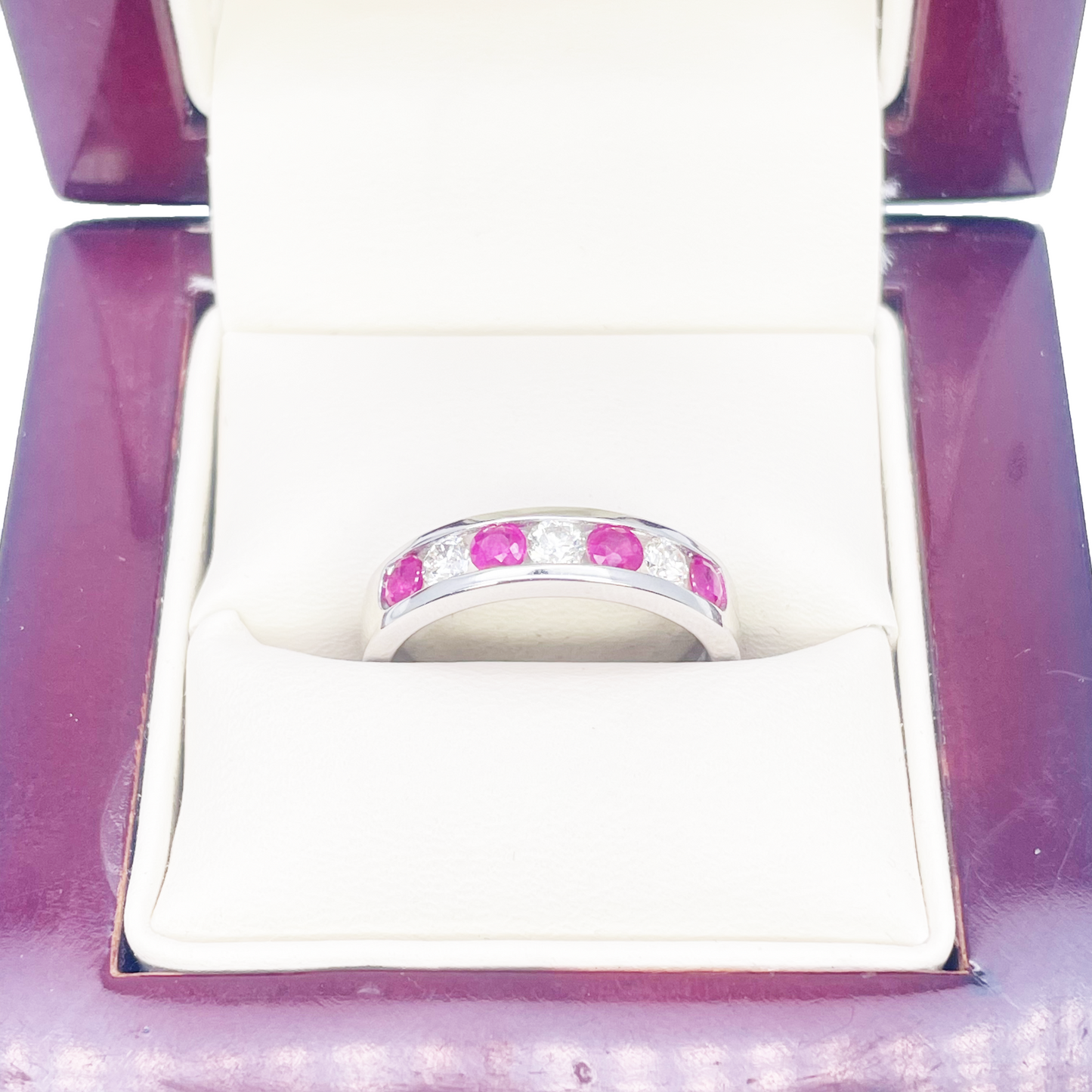 18ct White Gold Diamond & Ruby 7 Stone Half Eternity Channel Set Ring 0.85ct