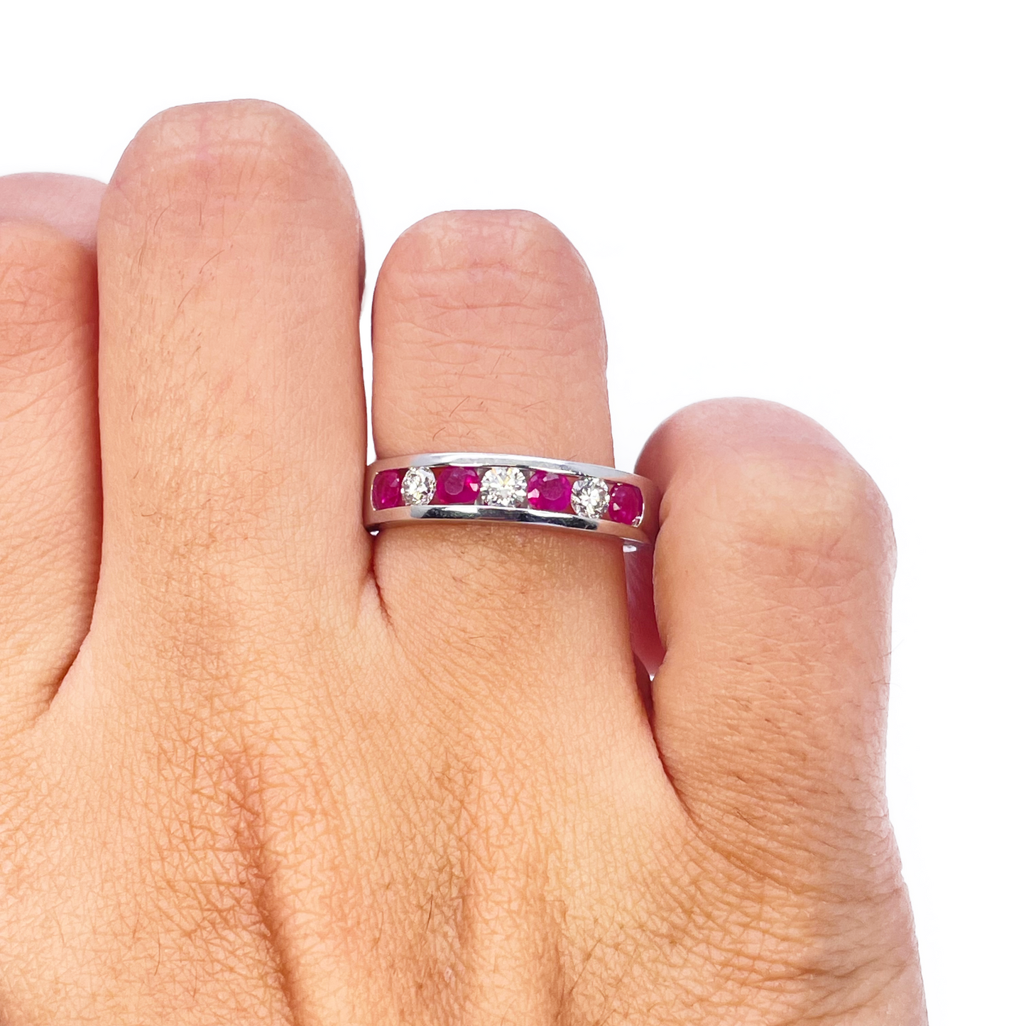 18ct White Gold Diamond & Ruby 7 Stone Half Eternity Channel Set Ring 0.85ct