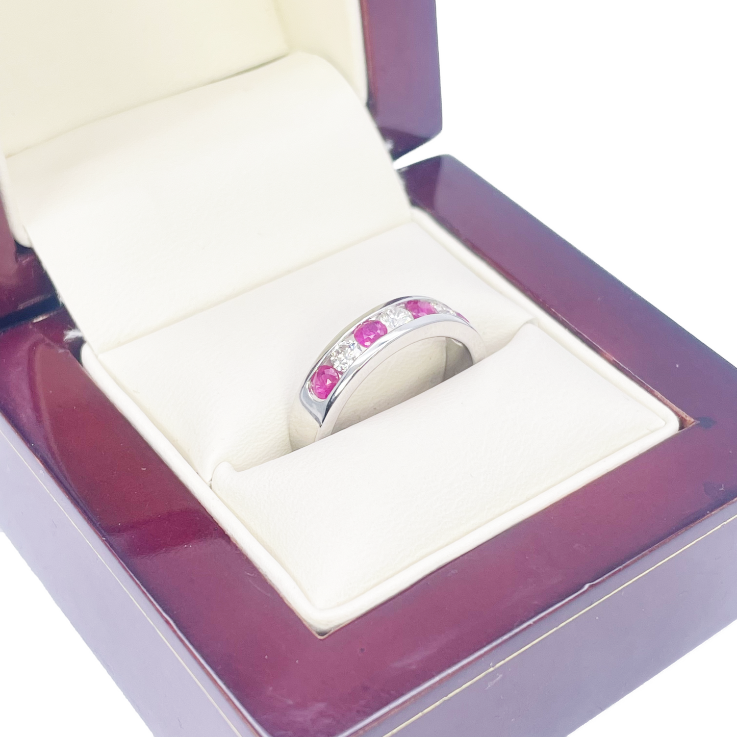 18ct White Gold Diamond & Ruby 7 Stone Half Eternity Channel Set Ring 0.85ct