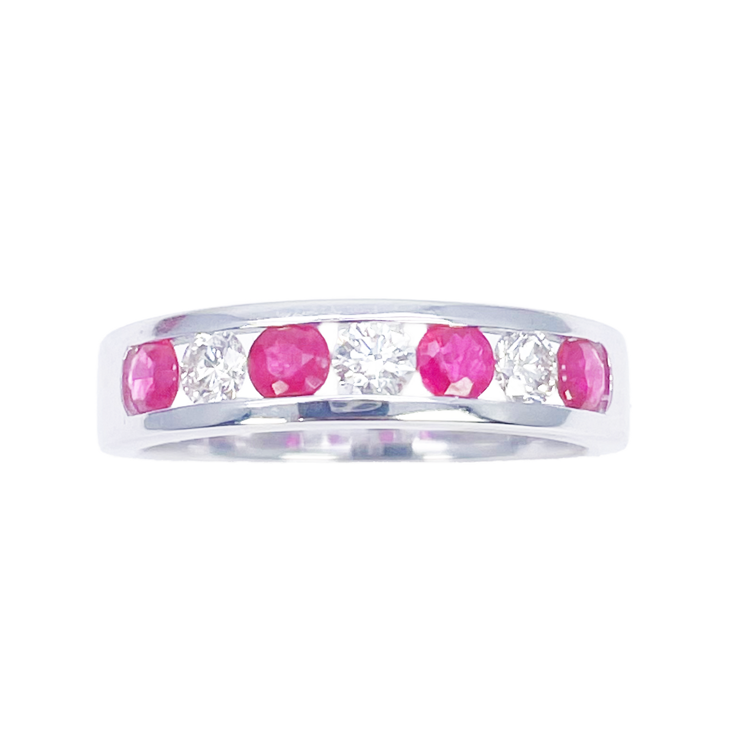 18ct White Gold Diamond & Ruby 7 Stone Half Eternity Channel Set Ring 0.85ct
