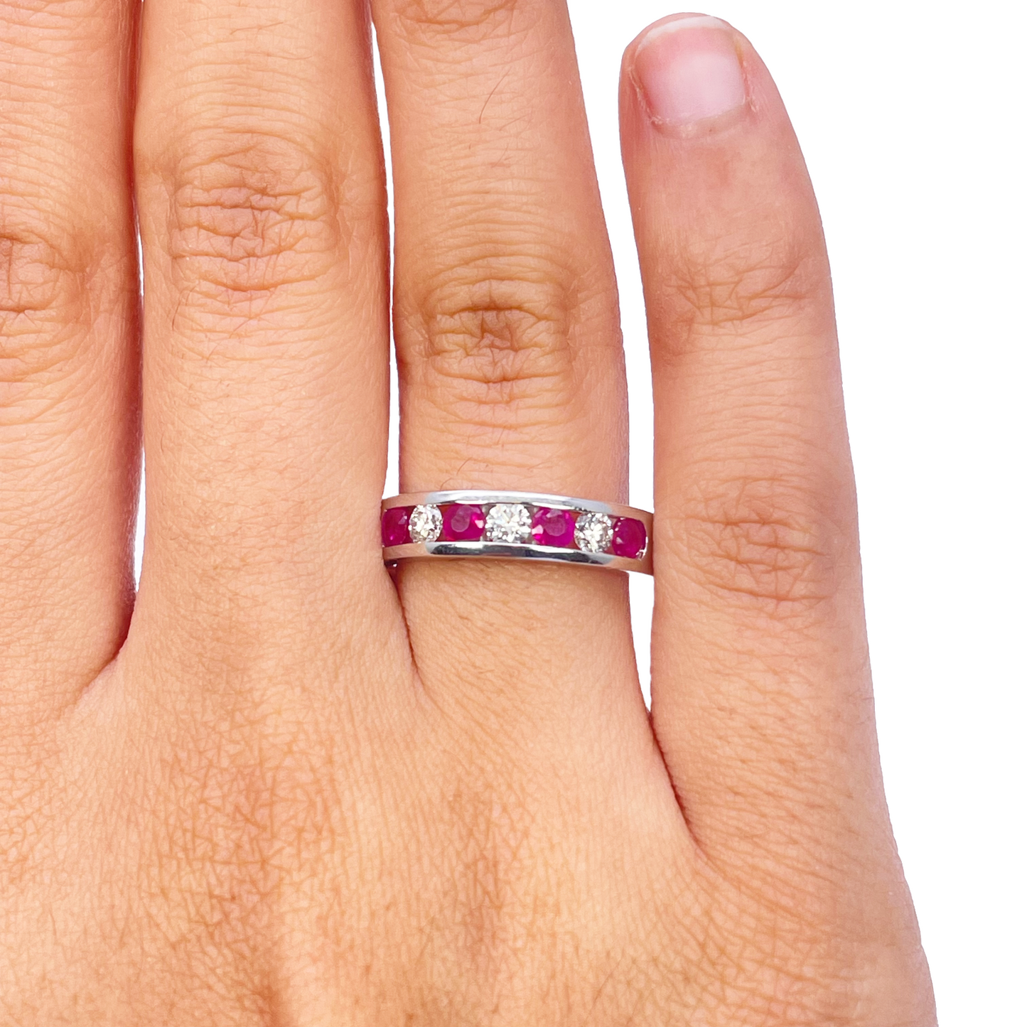 18ct White Gold Diamond & Ruby 7 Stone Half Eternity Channel Set Ring 0.85ct