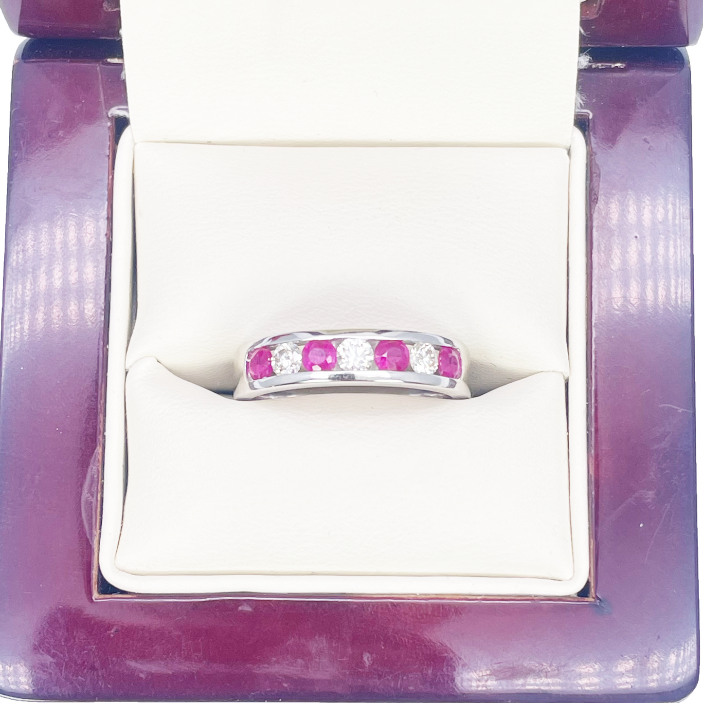 18ct White Gold Diamond & Ruby 7 Stone Half Eternity Channel Set Ring 0.85ct