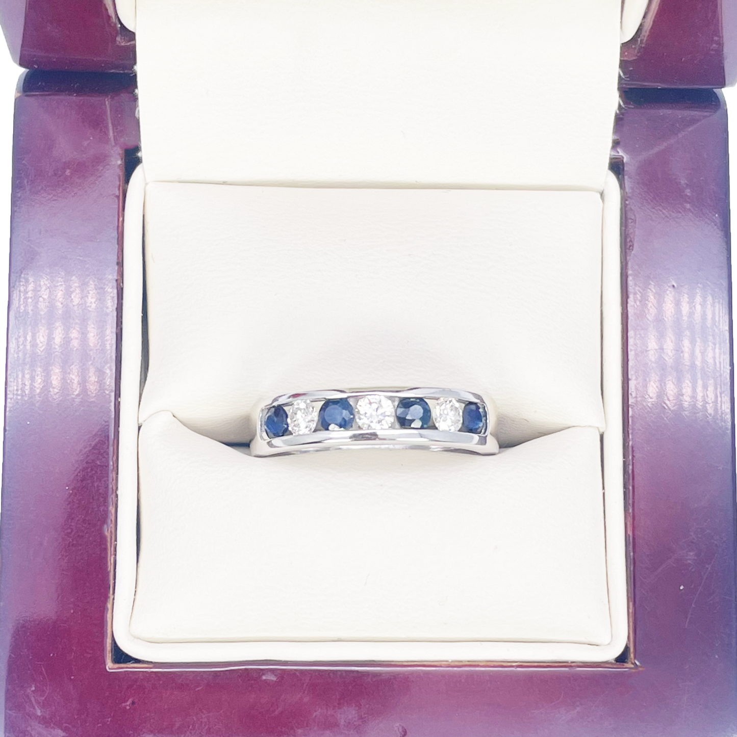 18ct White Gold Diamond & Sapphire 7 Stone Half Eternity Channel Set Ring 0.80ct