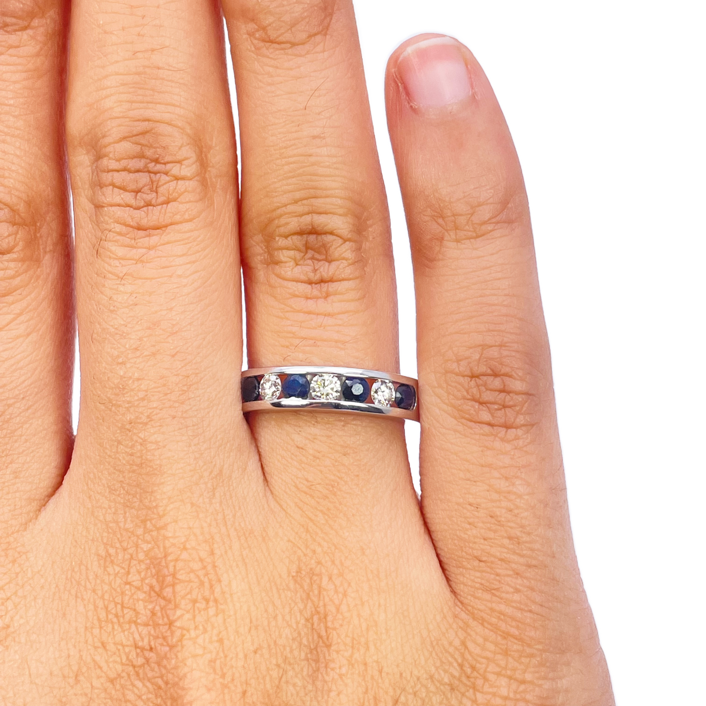 18ct White Gold Diamond & Sapphire 7 Stone Half Eternity Channel Set Ring 0.80ct