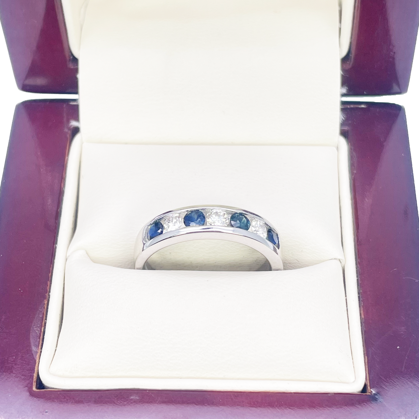 18ct White Gold Diamond & Sapphire 7 Stone Half Eternity Channel Set Ring 0.80ct