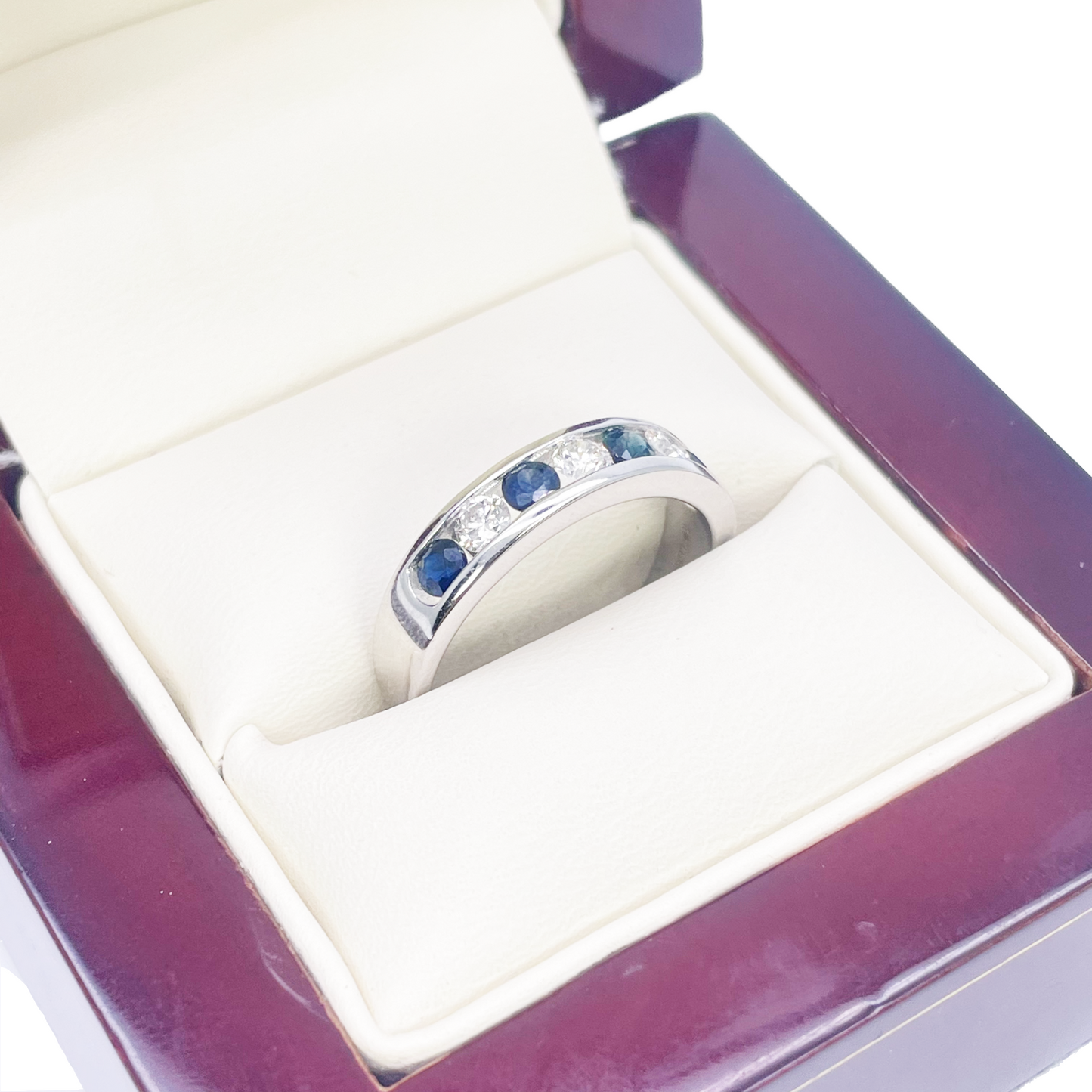 18ct White Gold Diamond & Sapphire 7 Stone Half Eternity Channel Set Ring 0.80ct