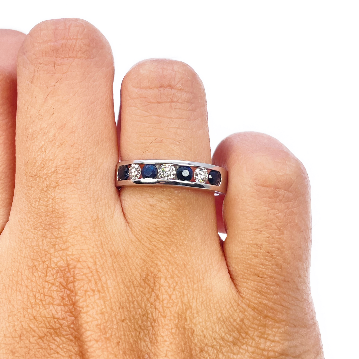 18ct White Gold Diamond & Sapphire 7 Stone Half Eternity Channel Set Ring 0.80ct