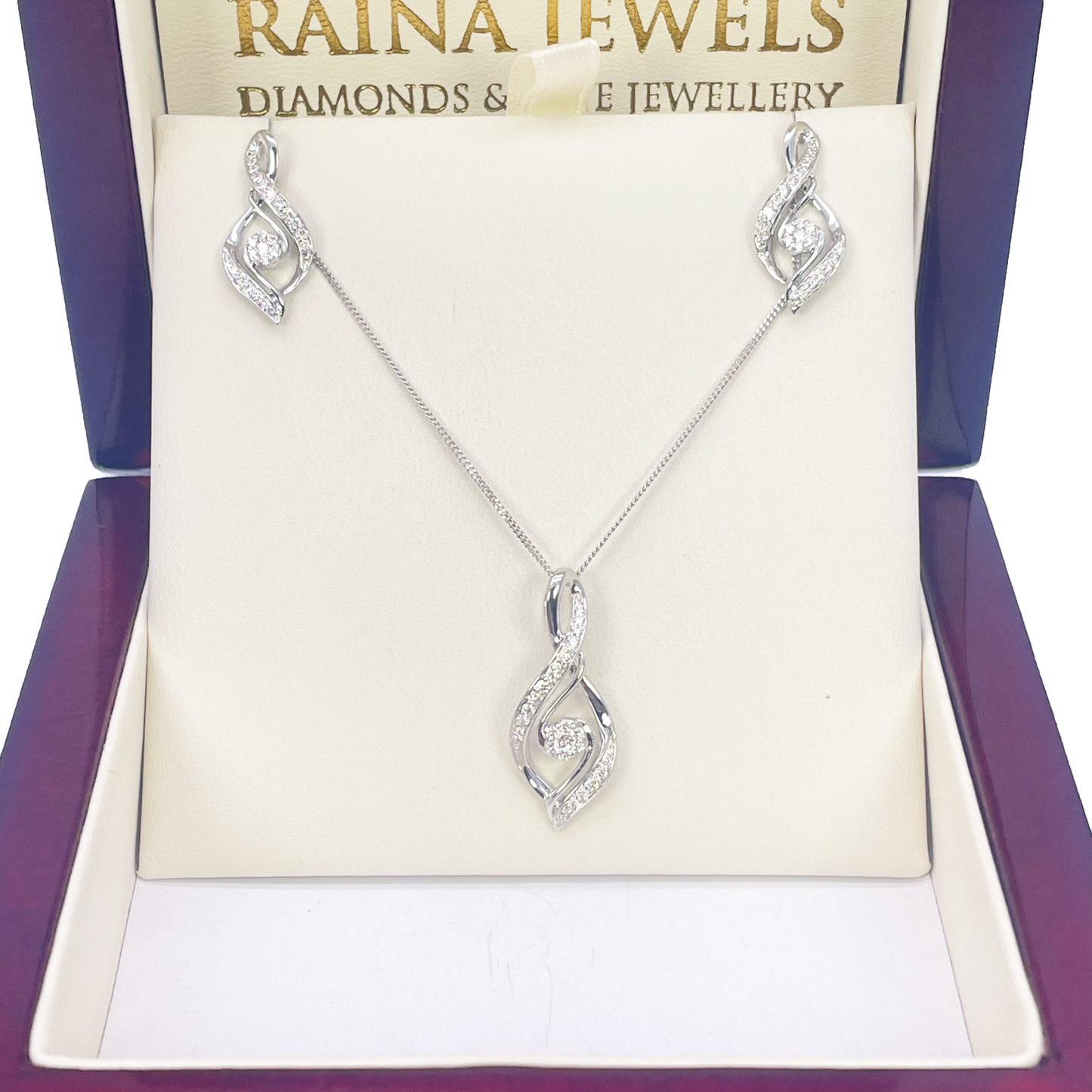 18ct White Gold Natural Diamond Twisted Pendant Chain & Earrings Set 0.55ct