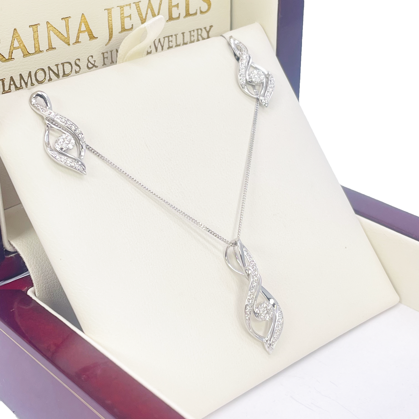 18ct White Gold Natural Diamond Twisted Pendant Chain & Earrings Set 0.55ct
