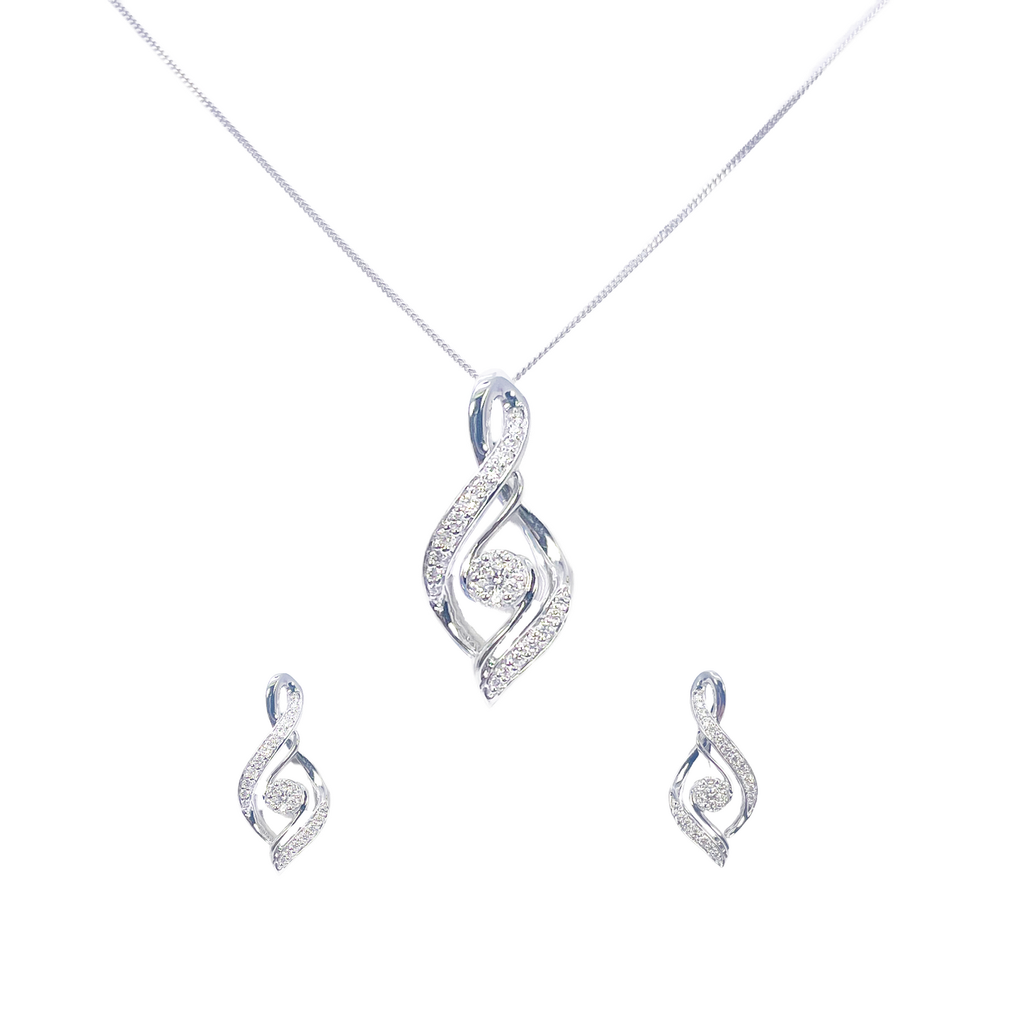 18ct White Gold Natural Diamond Twisted Pendant Chain & Earrings Set 0.55ct