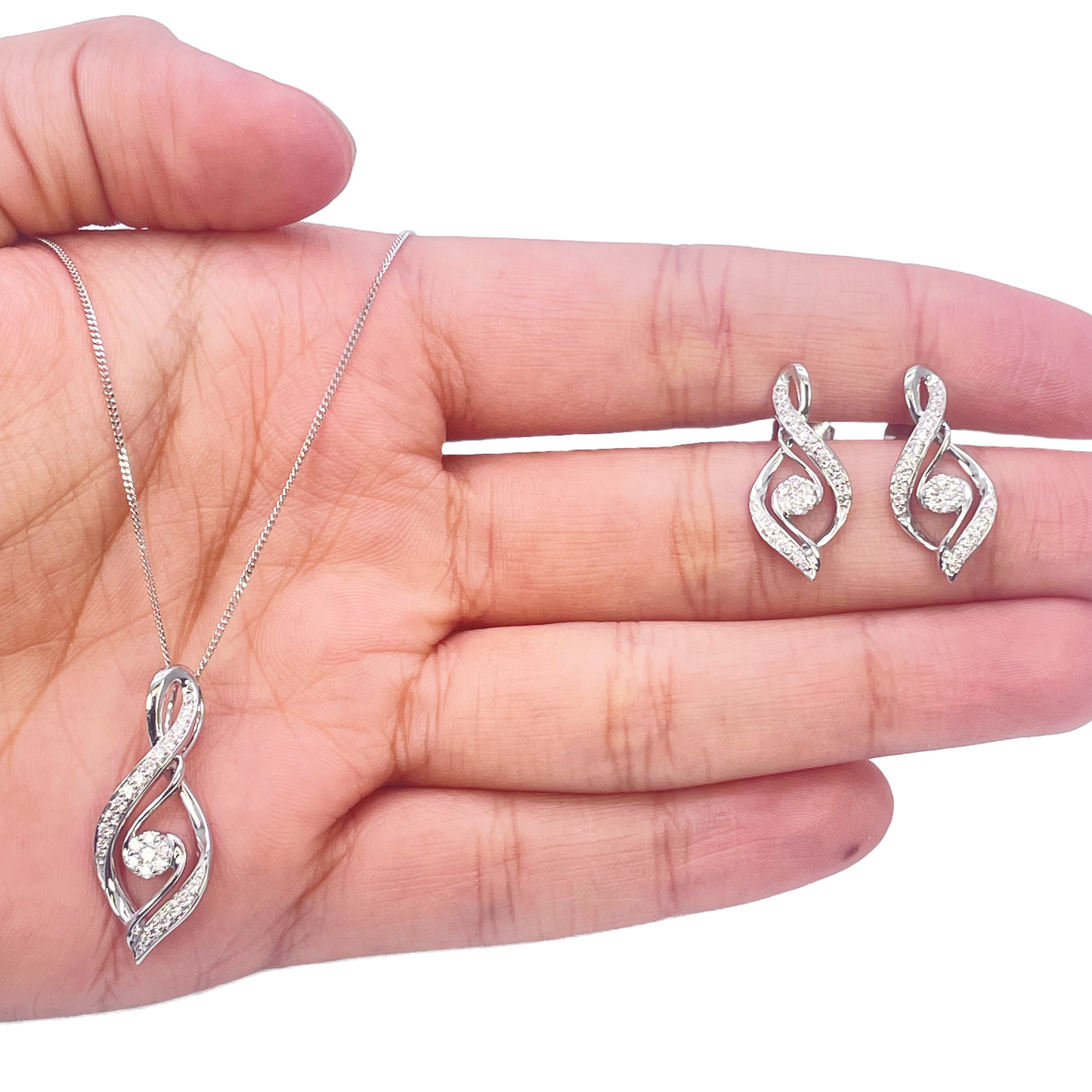 18ct White Gold Natural Diamond Twisted Pendant Chain & Earrings Set 0.55ct