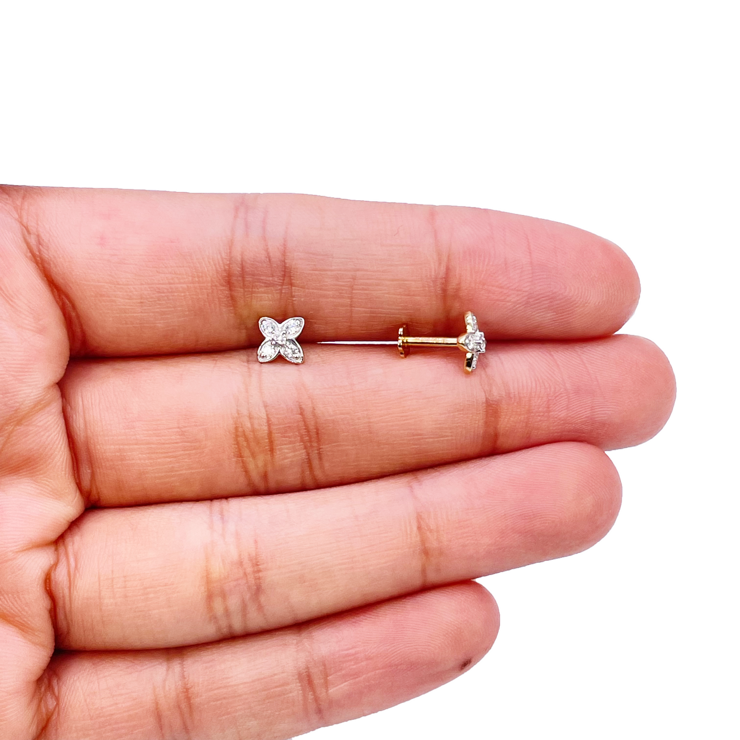 18ct Gold Natural Round Diamond Flower Childrens Stud Earrings 0.14ct