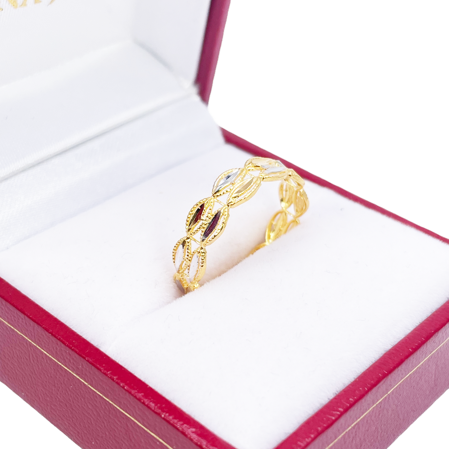 22ct Yellow Gold Beautiful Two Tone High Polished Milgrain Leaf Design Ring