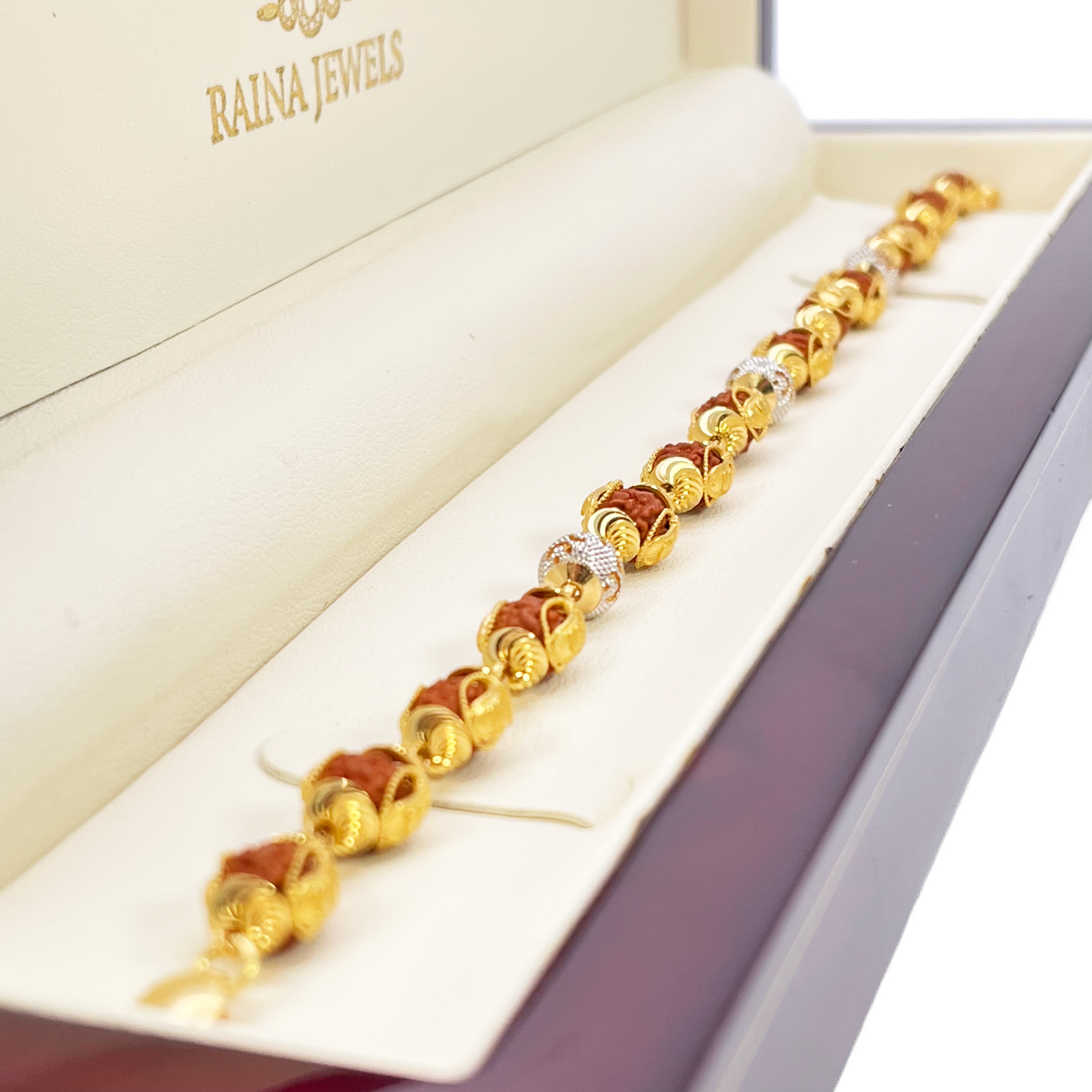 22ct Yellow Gold Diamond Cut Two-Tone Rudraksha Bracelet 8.8 Inches 7mm Width
