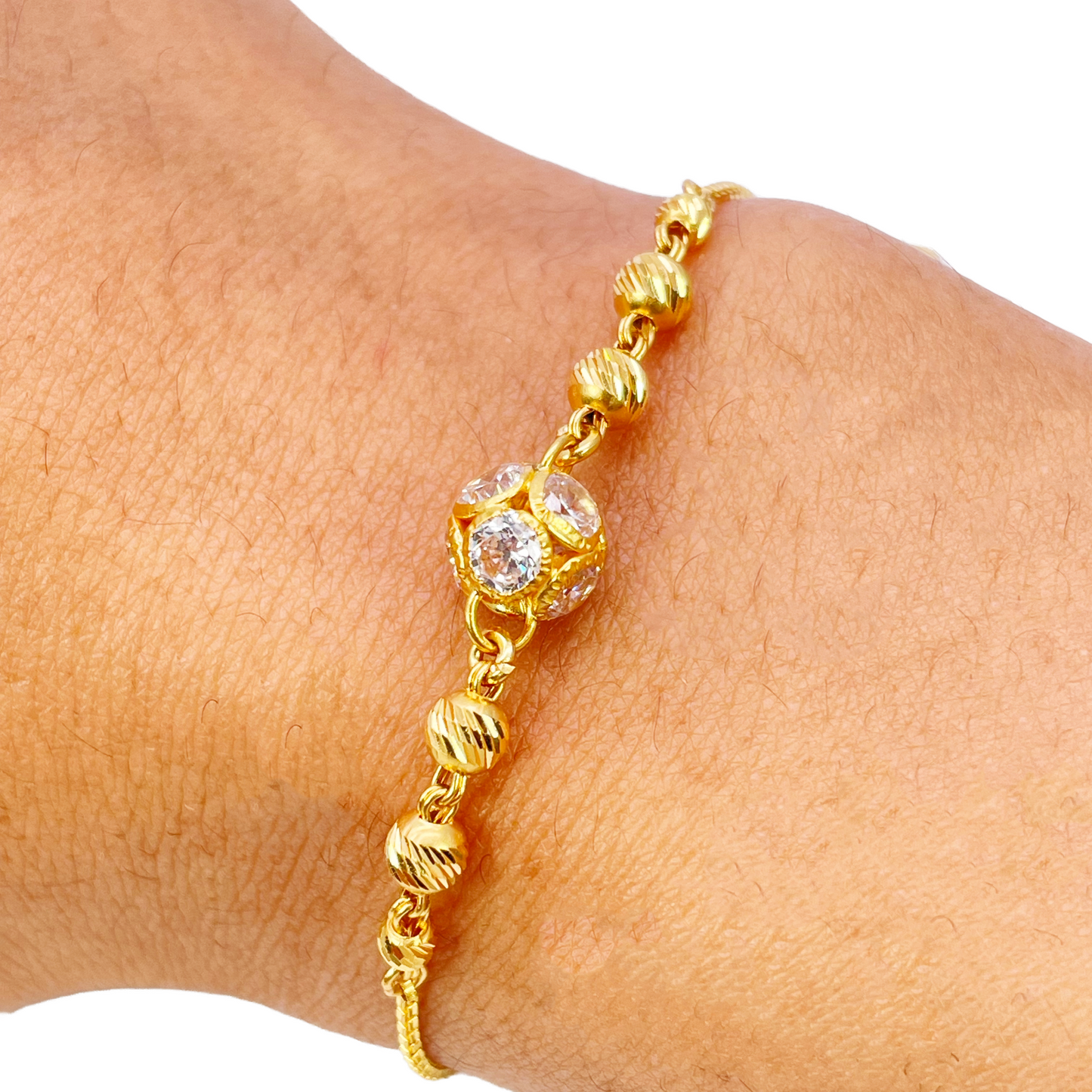 22ct Yellow Gold Diamond Cut Beaded Cubic Zirconia Drawstring Bolo Bracelet