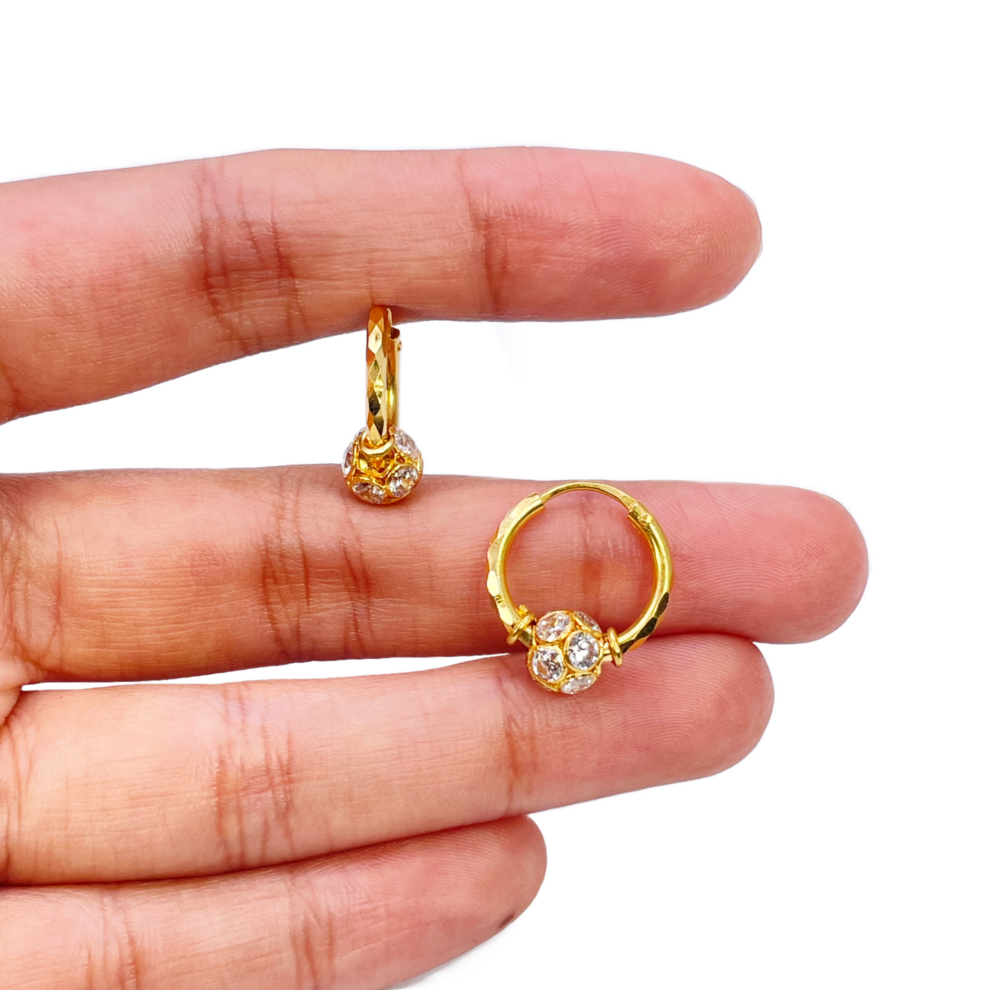 22ct Yellow Gold Diamond Cut Sparkly Cubic Zirconia Ball Hoop Huggie Earrings 11.5mm Diameter