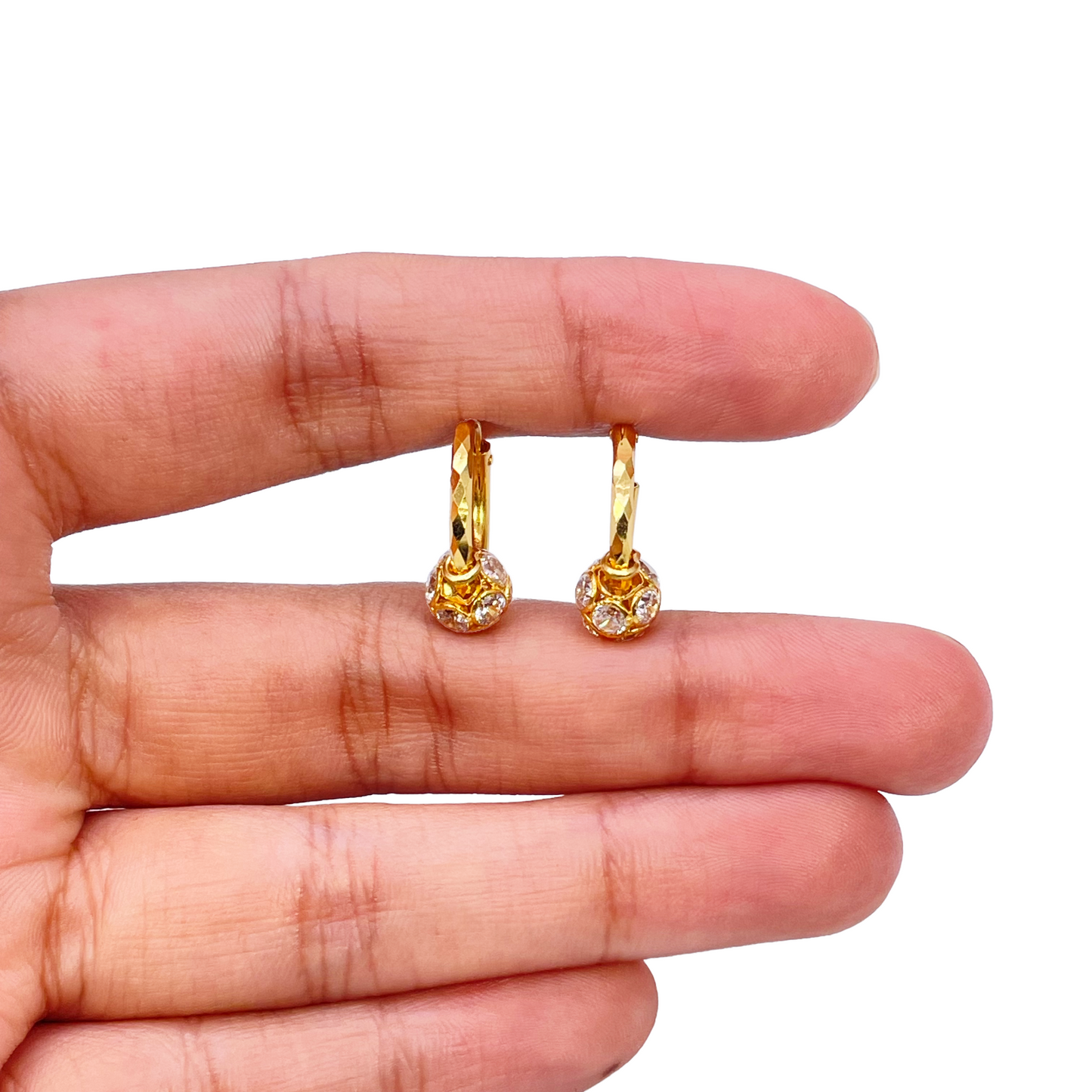 22ct Yellow Gold Diamond Cut Sparkly Cubic Zirconia Ball Hoop Huggie Earrings 11.5mm Diameter
