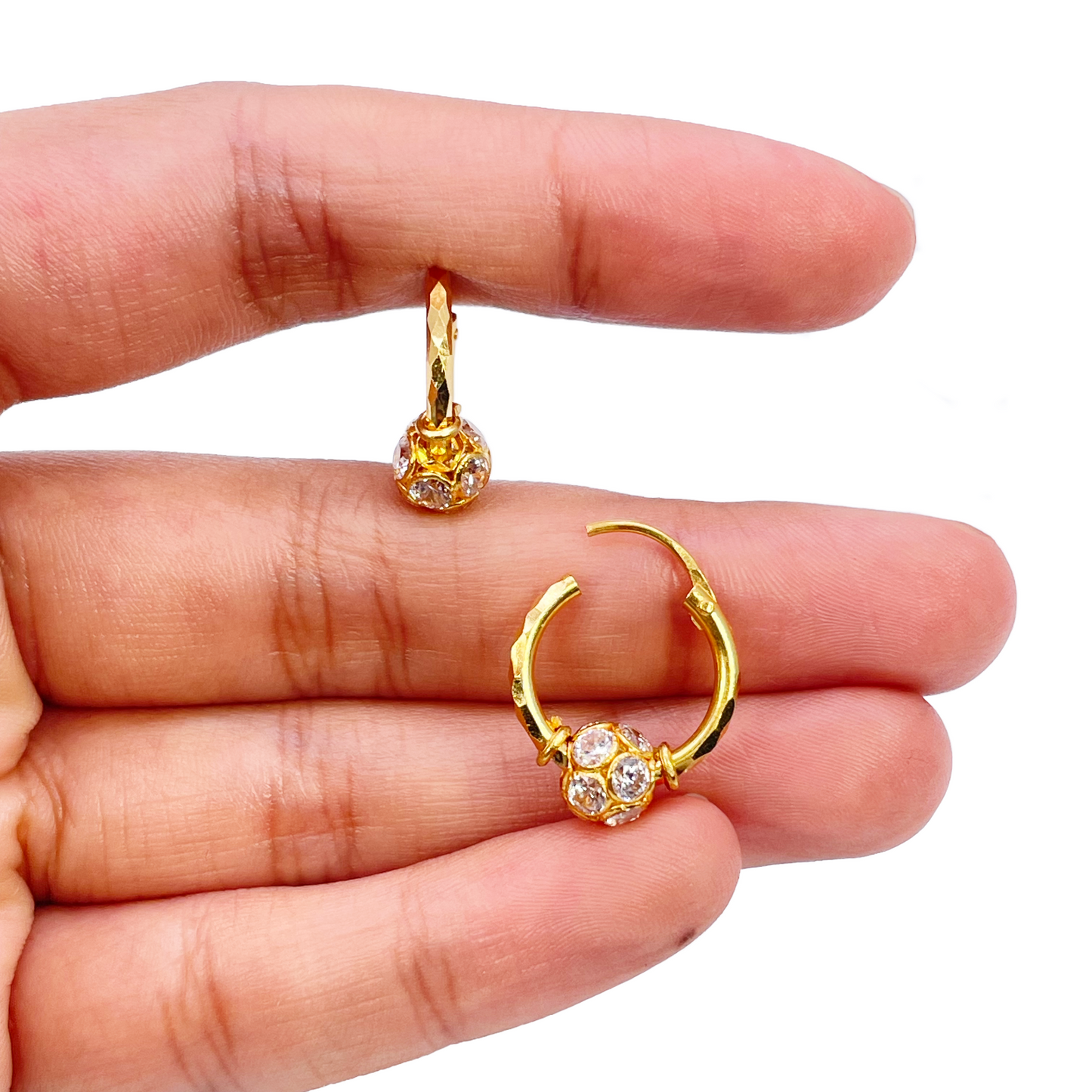 22ct Yellow Gold Diamond Cut Sparkly Cubic Zirconia Ball Hoop Huggie Earrings 11.5mm Diameter