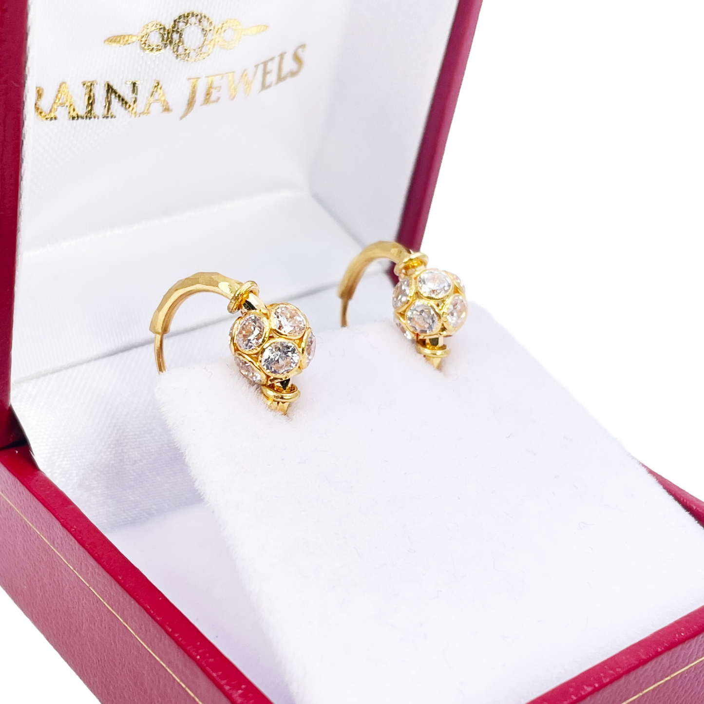 22ct Yellow Gold Diamond Cut Sparkly Cubic Zirconia Ball Hoop Huggie Earrings 11.5mm Diameter