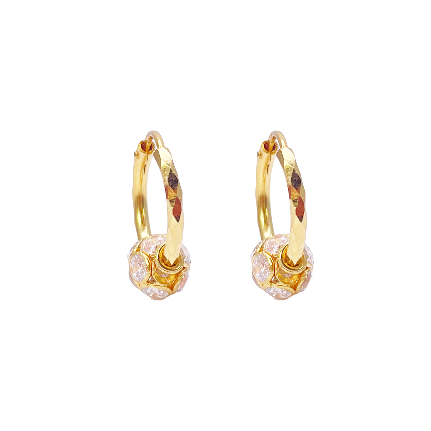 22ct Yellow Gold Diamond Cut Sparkly Cubic Zirconia Ball Hoop Huggie Earrings 11.5mm Diameter