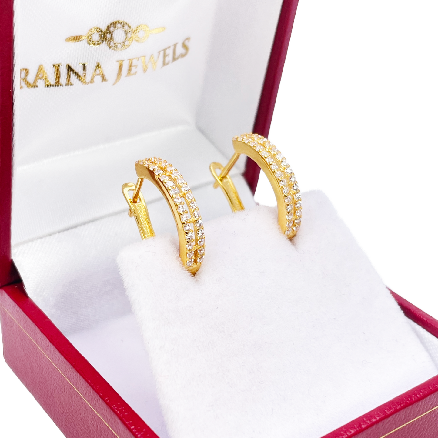 22ct Yellow Gold Beautiful Cubic Zirconia Two Row Huggies Hoop Earrings 10mm Inside Diameter