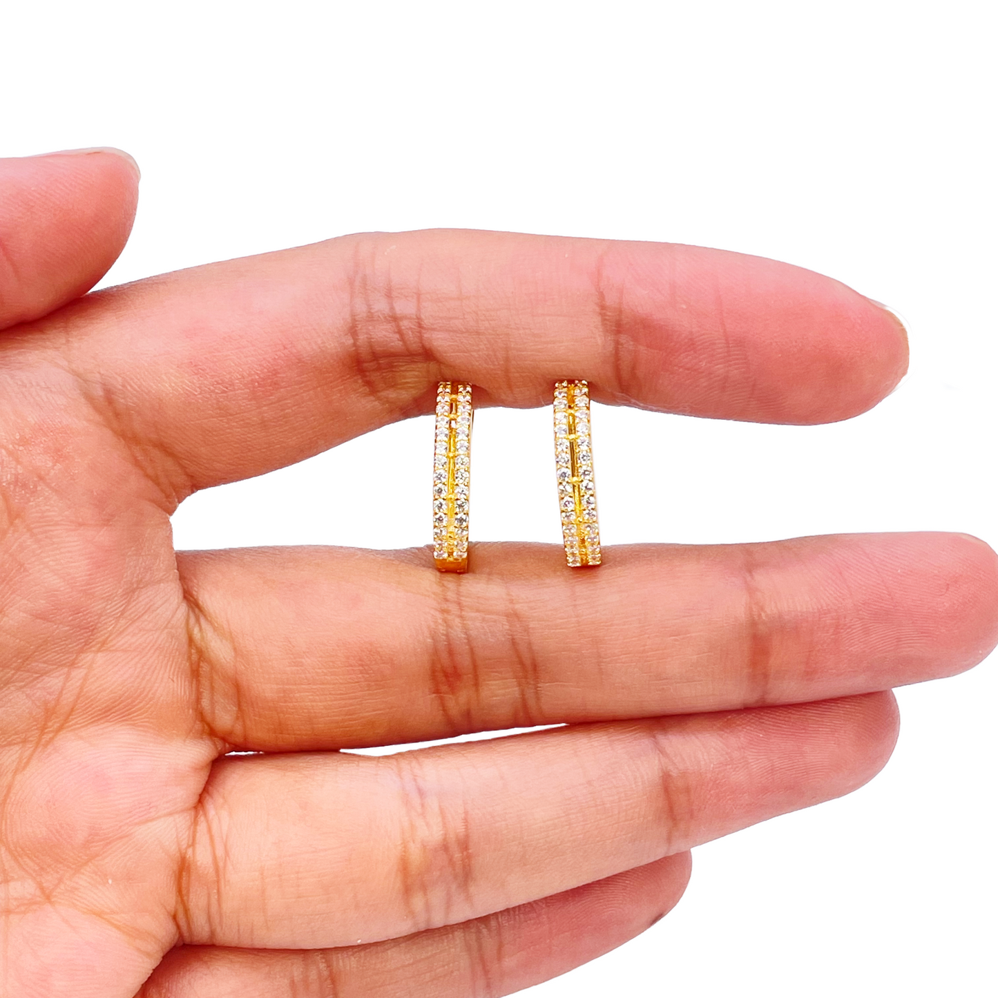 22ct Yellow Gold Beautiful Cubic Zirconia Two Row Huggies Hoop Earrings 10mm Inside Diameter