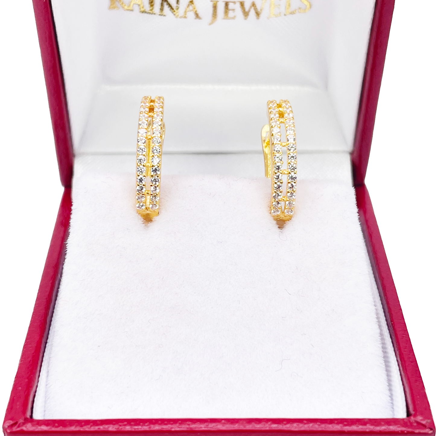 22ct Yellow Gold Beautiful Cubic Zirconia Two Row Huggies Hoop Earrings 10mm Inside Diameter