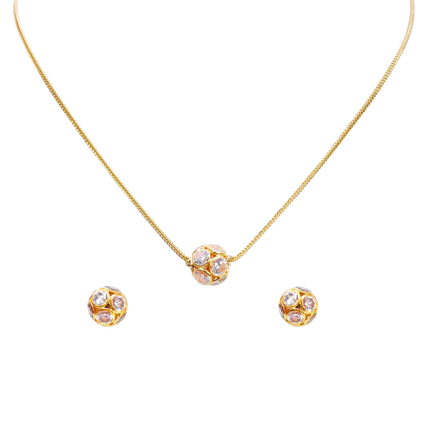 22ct Yellow Gold Fancy Ladies Sparkly Ball 16 Inch Necklace & Stud Earrings Set