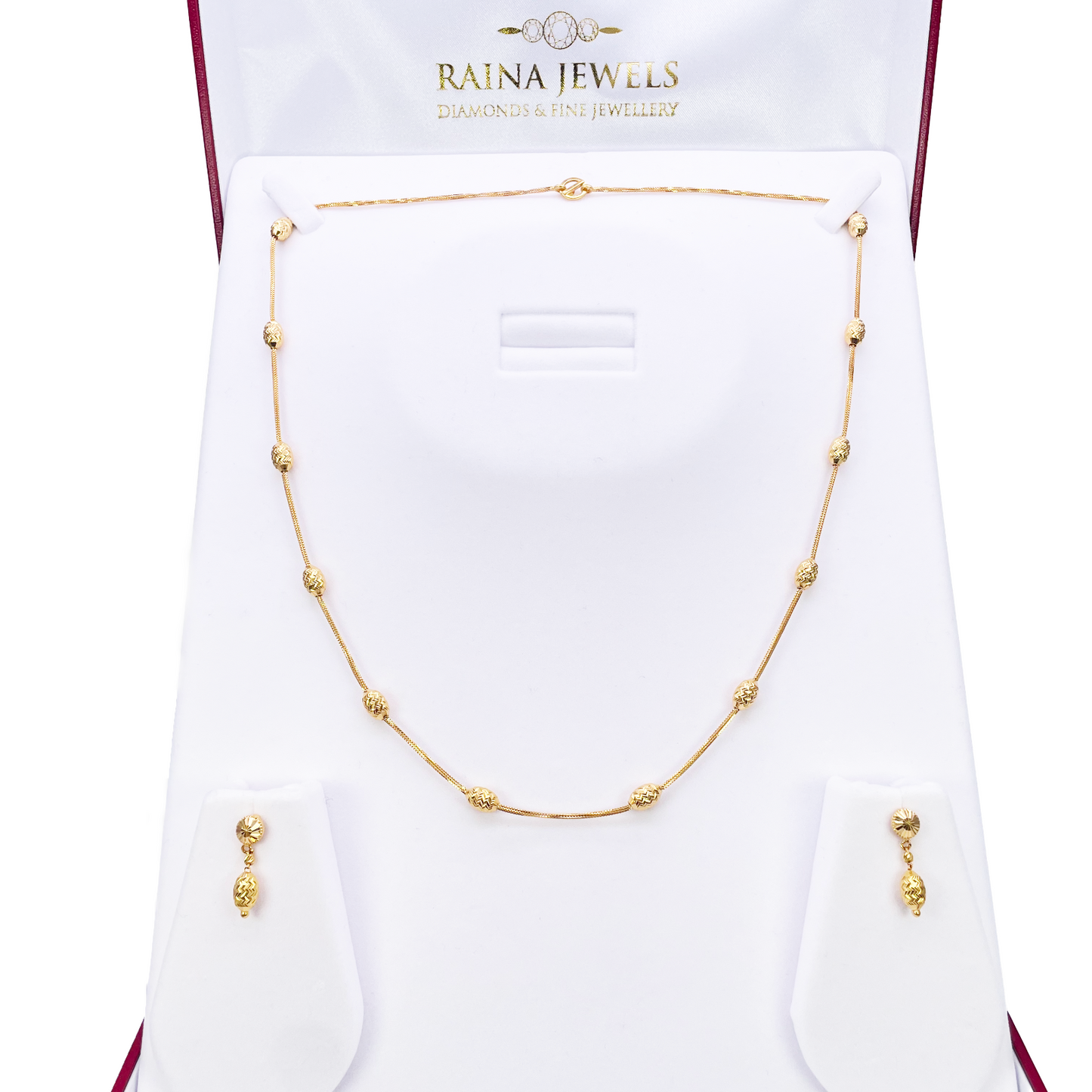 22ct Yellow Gold Diamond Cut Beaded Slip-On Necklace & Matching Drop Earrings