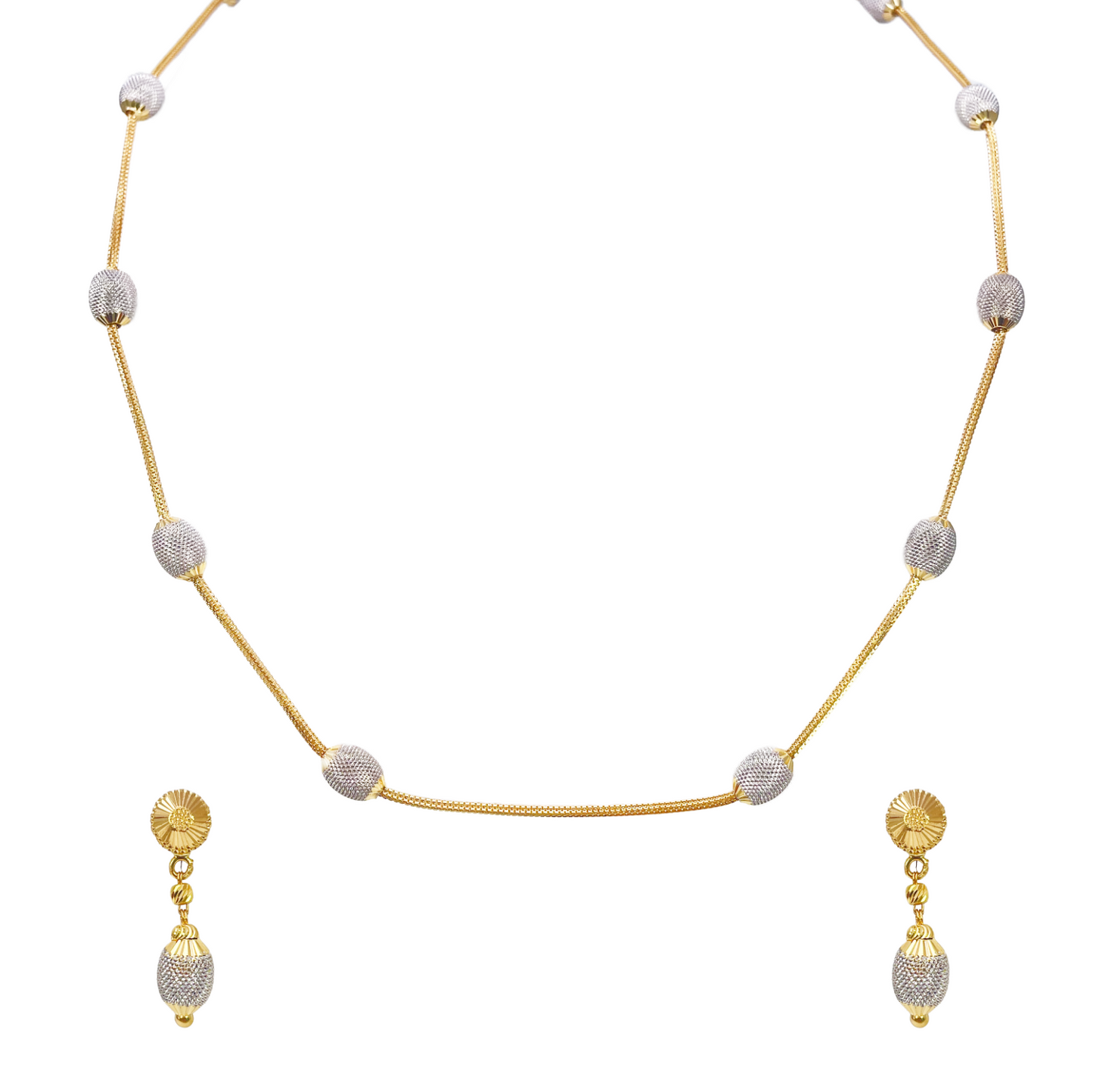 22ct Yellow Gold Diamond Cut Two Tone Beaded Slip-On Necklace & Drop Earrings