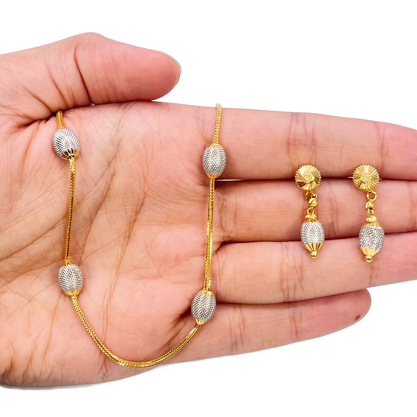 22ct Yellow Gold Diamond Cut Two Tone Beaded Slip-On Necklace & Drop Earrings