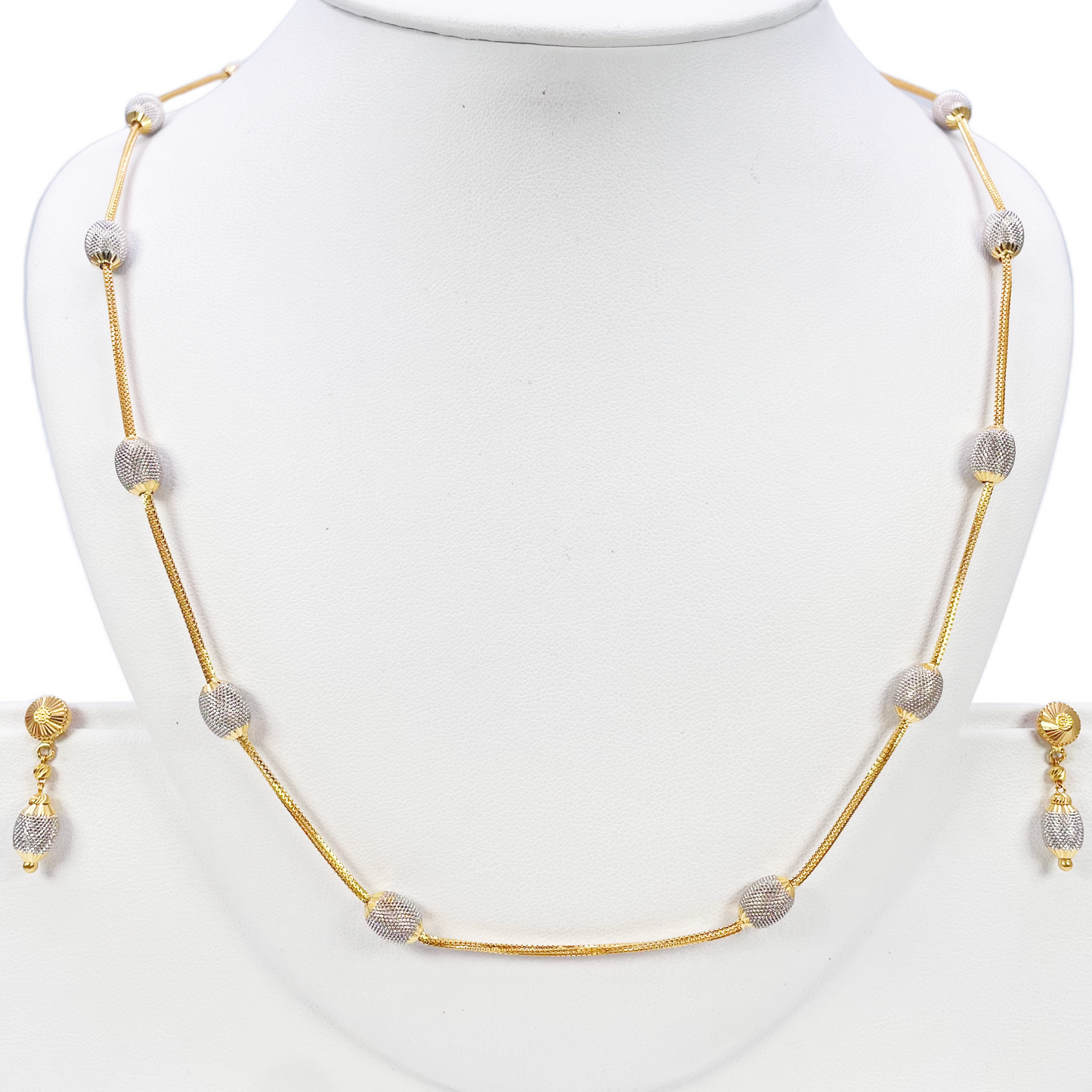 22ct Yellow Gold Diamond Cut Two Tone Beaded Slip-On Necklace & Drop Earrings