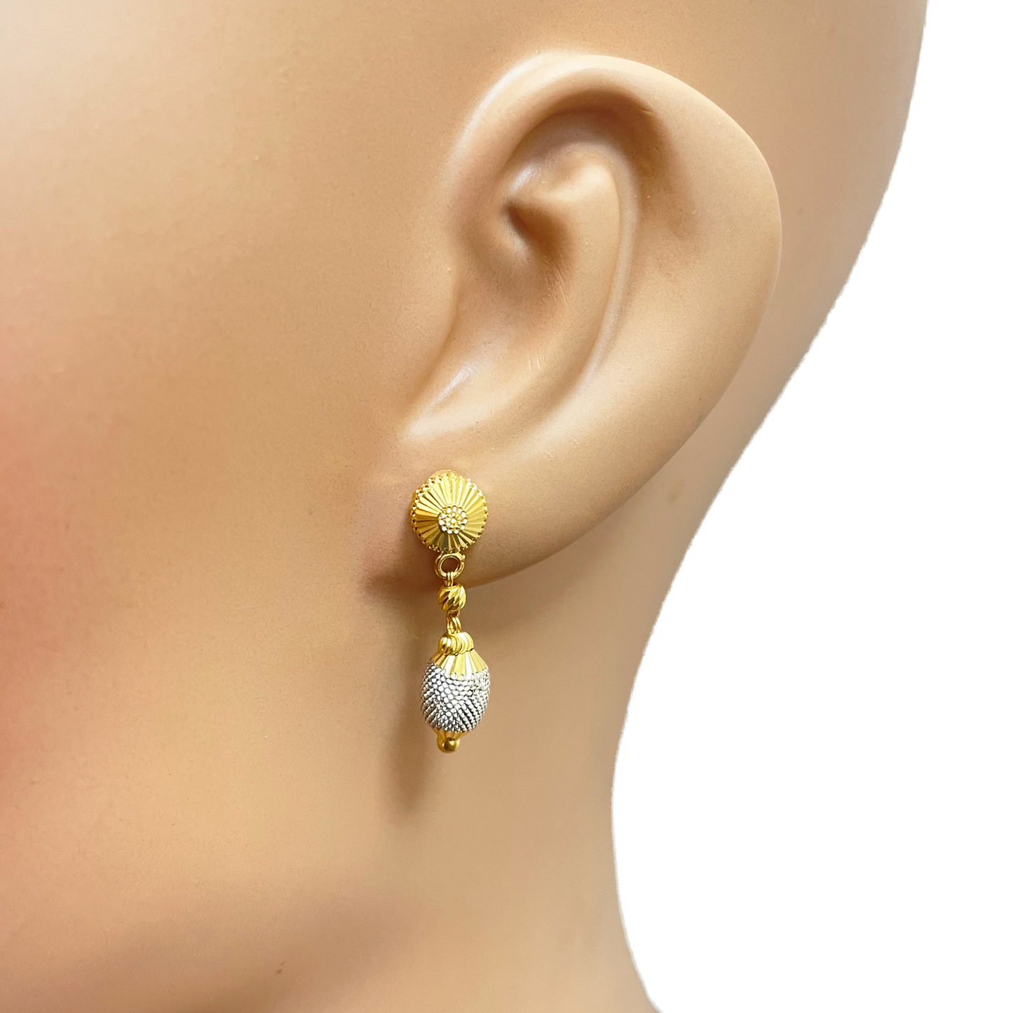 22ct Yellow Gold Diamond Cut Two Tone Beaded Slip-On Necklace & Drop Earrings
