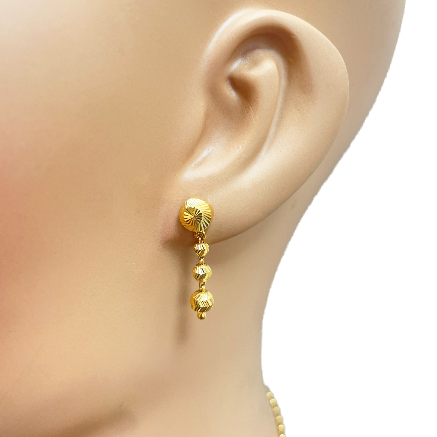 22ct Yellow Gold Diamond Cut Graduated Beaded Slip-On Necklace & Drop Earrings