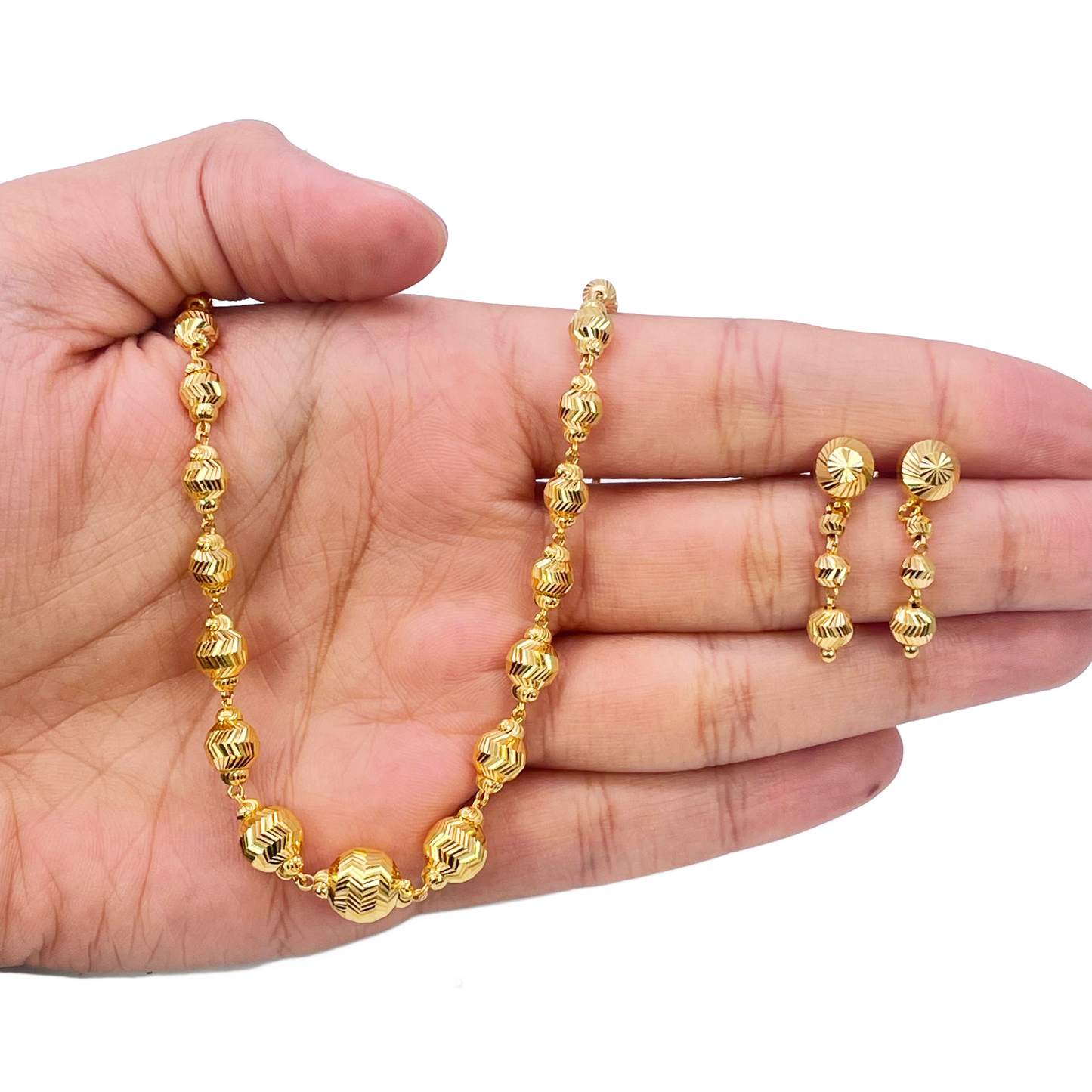 22ct Yellow Gold Diamond Cut Graduated Beaded Slip-On Necklace & Drop Earrings