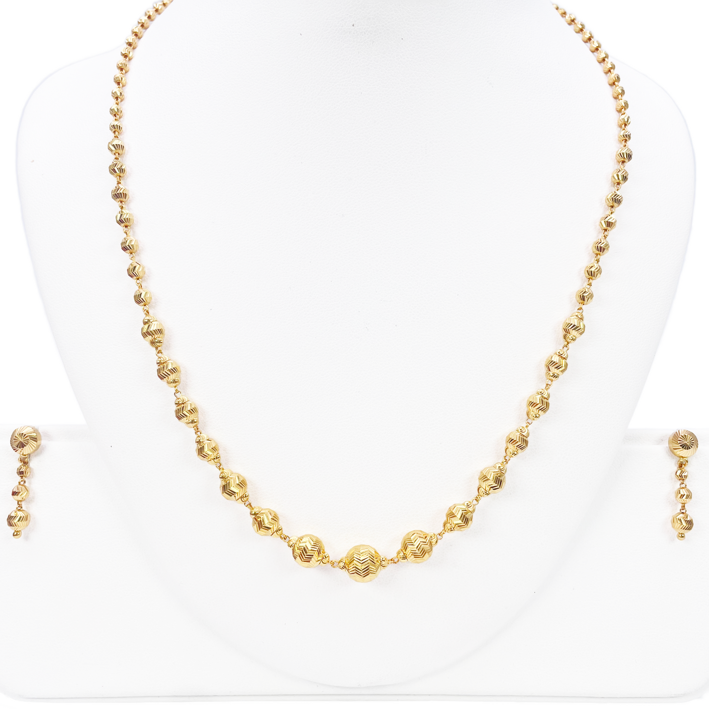 22ct Yellow Gold Diamond Cut Graduated Beaded Slip-On Necklace & Drop Earrings