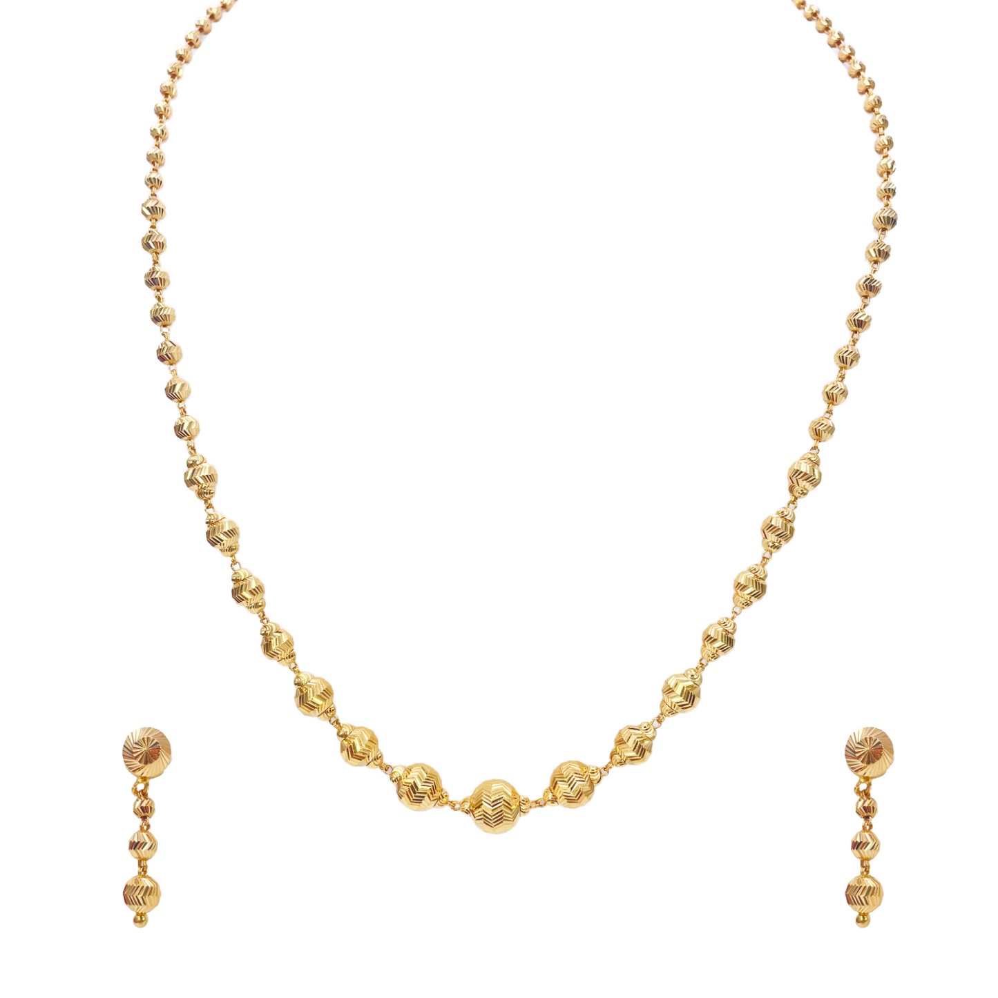 22ct Yellow Gold Diamond Cut Graduated Beaded Slip-On Necklace & Drop Earrings