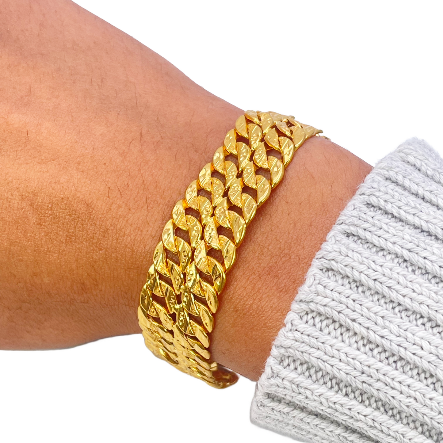 22ct Yellow Gold Diamond Cut Double Curb Chain Lightweight Bracelet 8 Inches