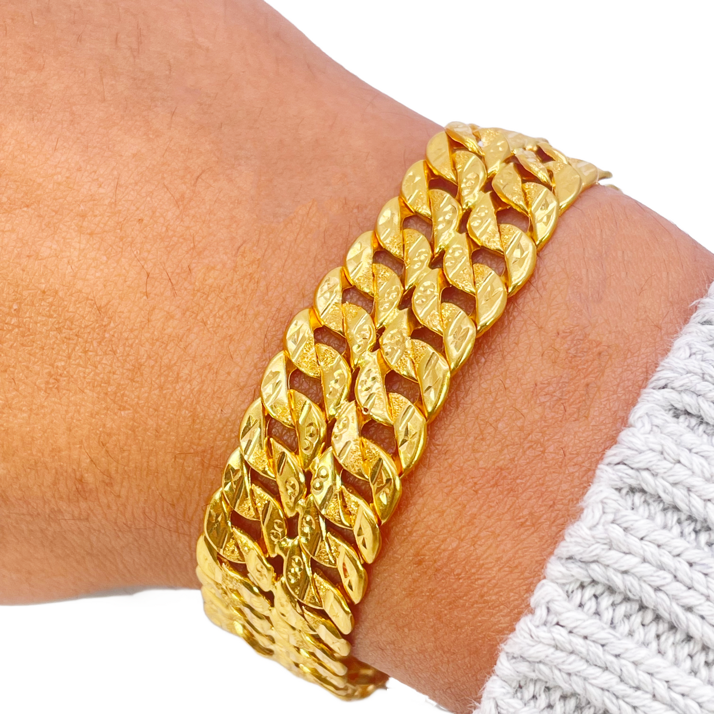 22ct Yellow Gold Diamond Cut Double Curb Chain Lightweight Bracelet 8 Inches