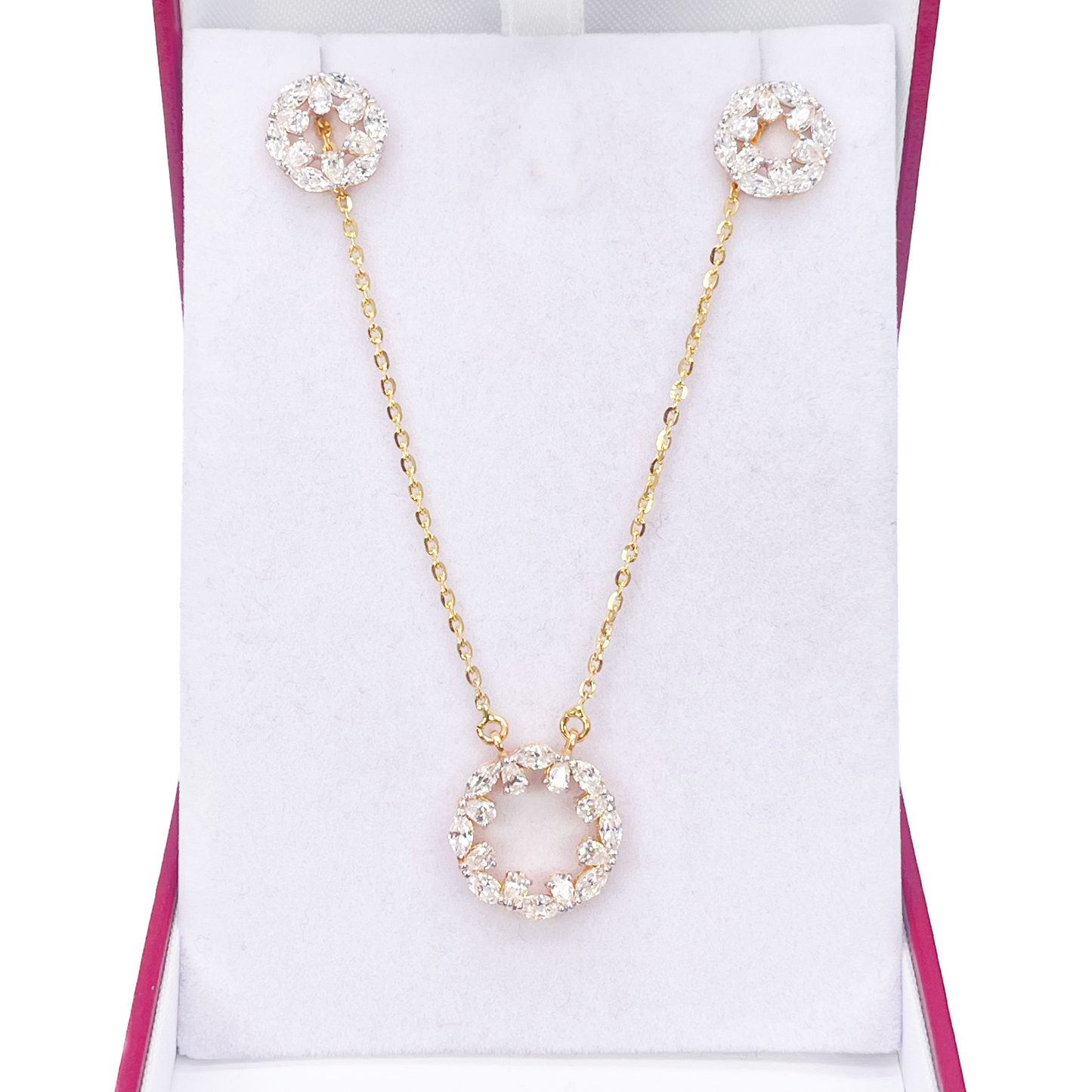 22ct Yellow Gold Ladies Sparkly Cubic Zirconia 17.5 Inch Necklace & Stud Earrings Set