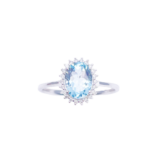 14ct White Gold  Natural Oval-Cut Aquamarine & Round Diamond Ring 0.94ct  Diamond Ring