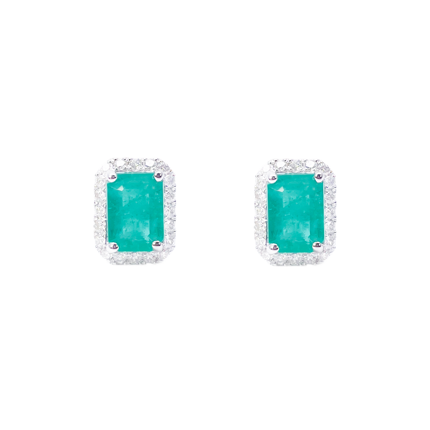 14ct White Gold Natural Emerald & Round Diamond Rectangle Stud Earrings 2.20ct