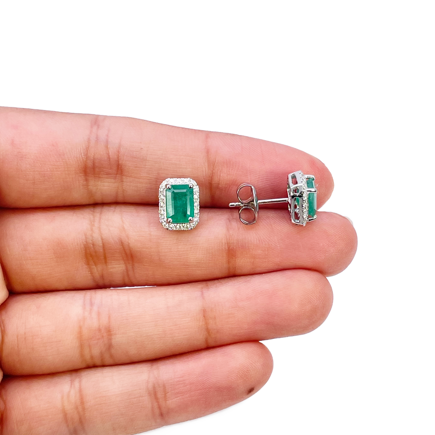 14ct White Gold Natural Emerald & Round Diamond Rectangle Stud Earrings 2.20ct