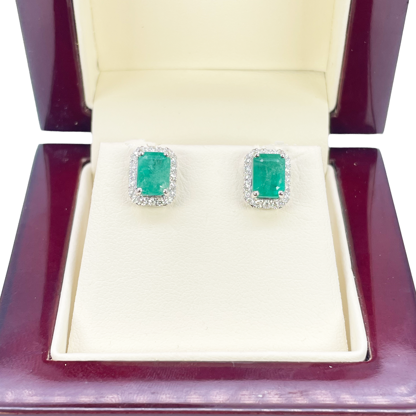14ct White Gold Natural Emerald & Round Diamond Rectangle Stud Earrings 2.20ct