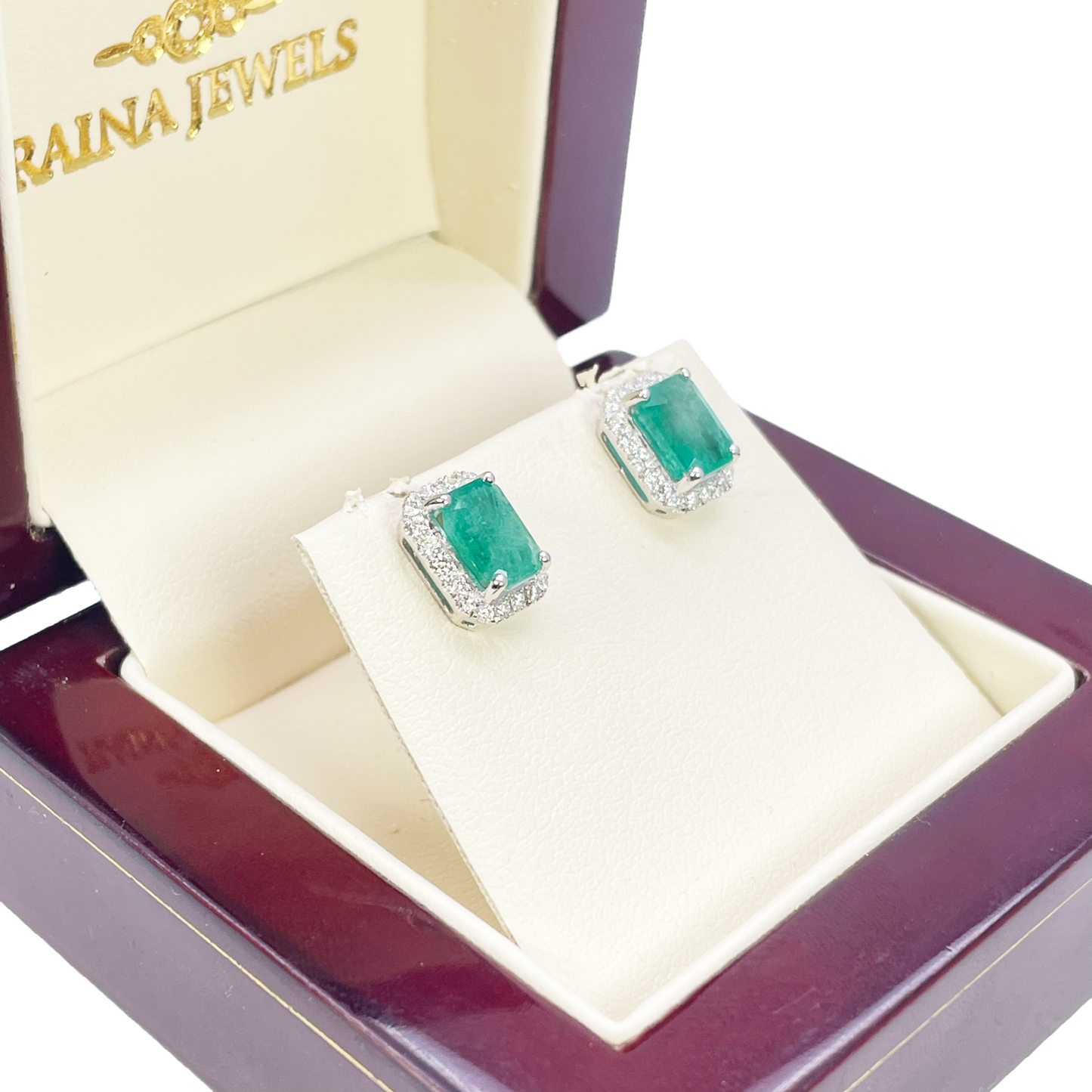 14ct White Gold Natural Emerald & Round Diamond Rectangle Stud Earrings 2.20ct